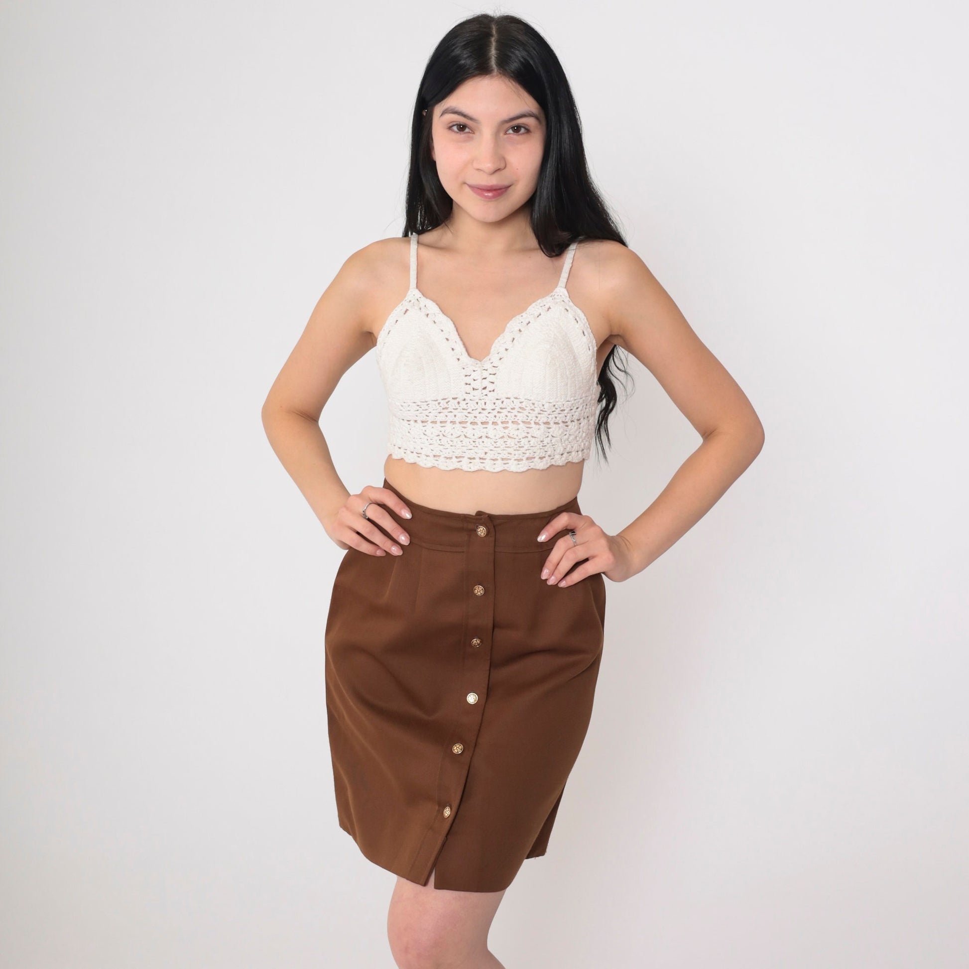 80s Brown Pleated Mini Skirt High Waist Button Front Extra Small