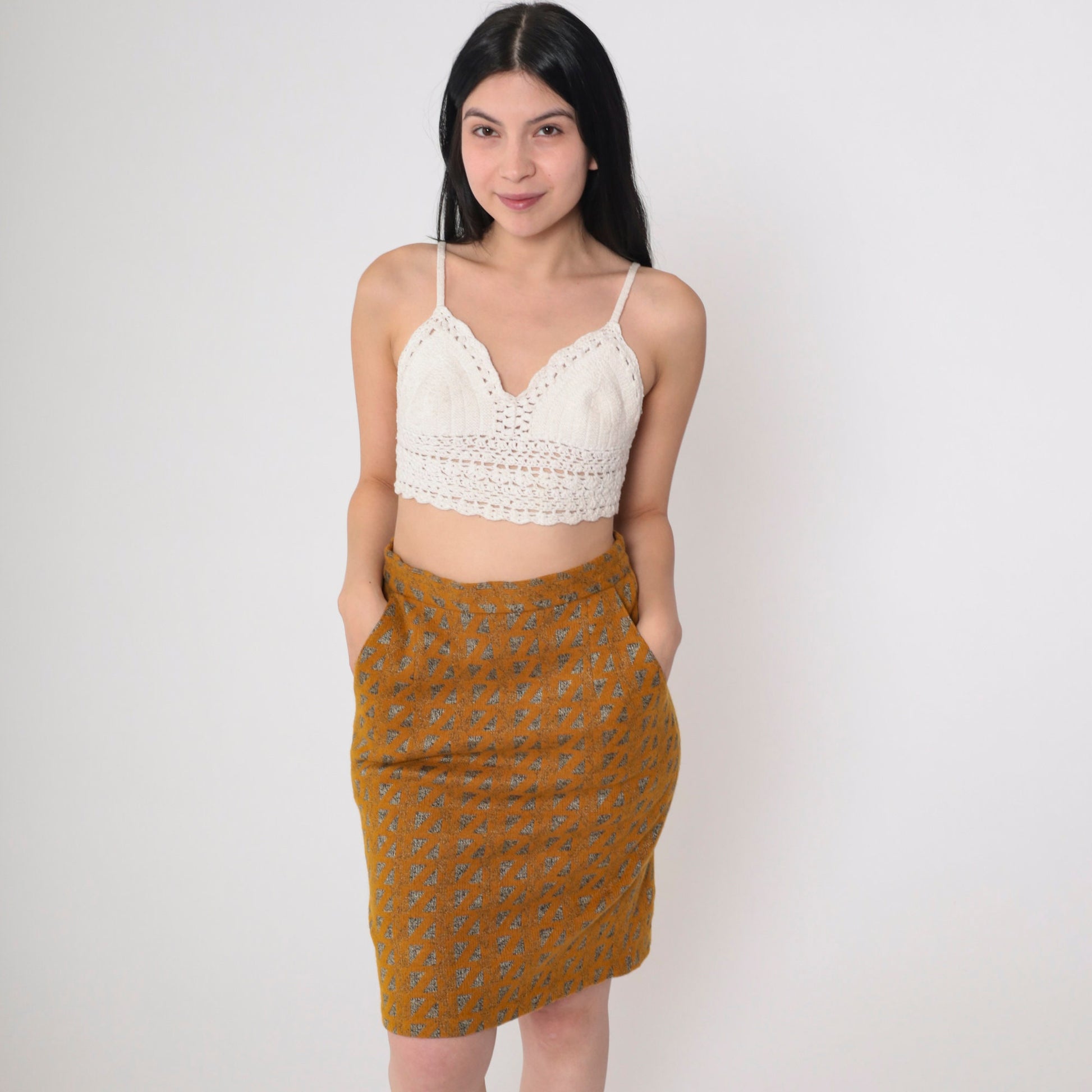 80s Orange Metallic Triangle Wool Blend Mini Pencil Skirt High Waist Small