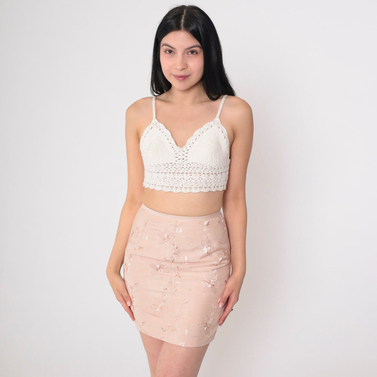 90s Embroidered Floral Mini Skirt Beige High Waisted Pencil Side Slit Extra Small
