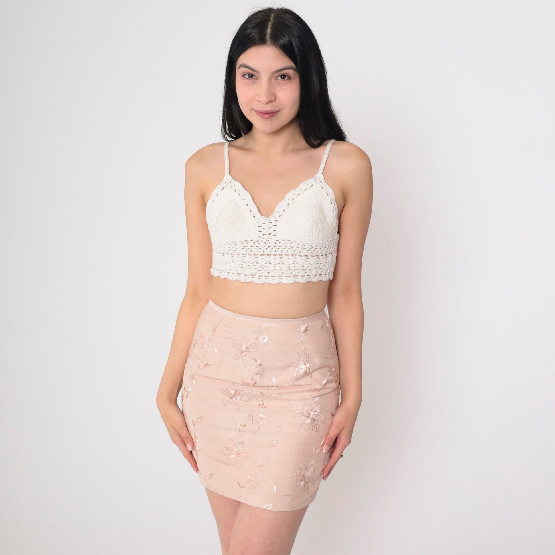 90s Embroidered Floral Mini Skirt Beige High Waisted Pencil Side Slit Extra Small