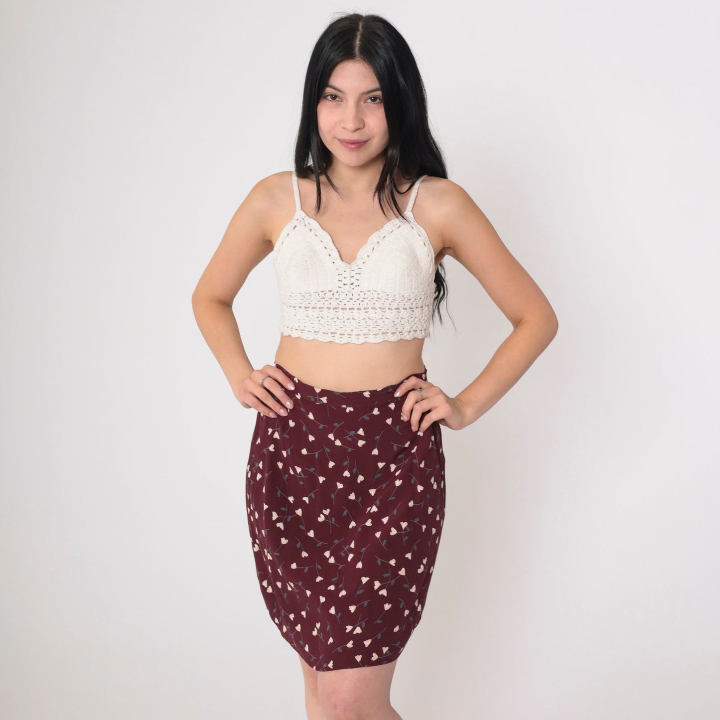 90s Brown Floral Mini Skirt High Waist Ditsy Print Straight Small S
