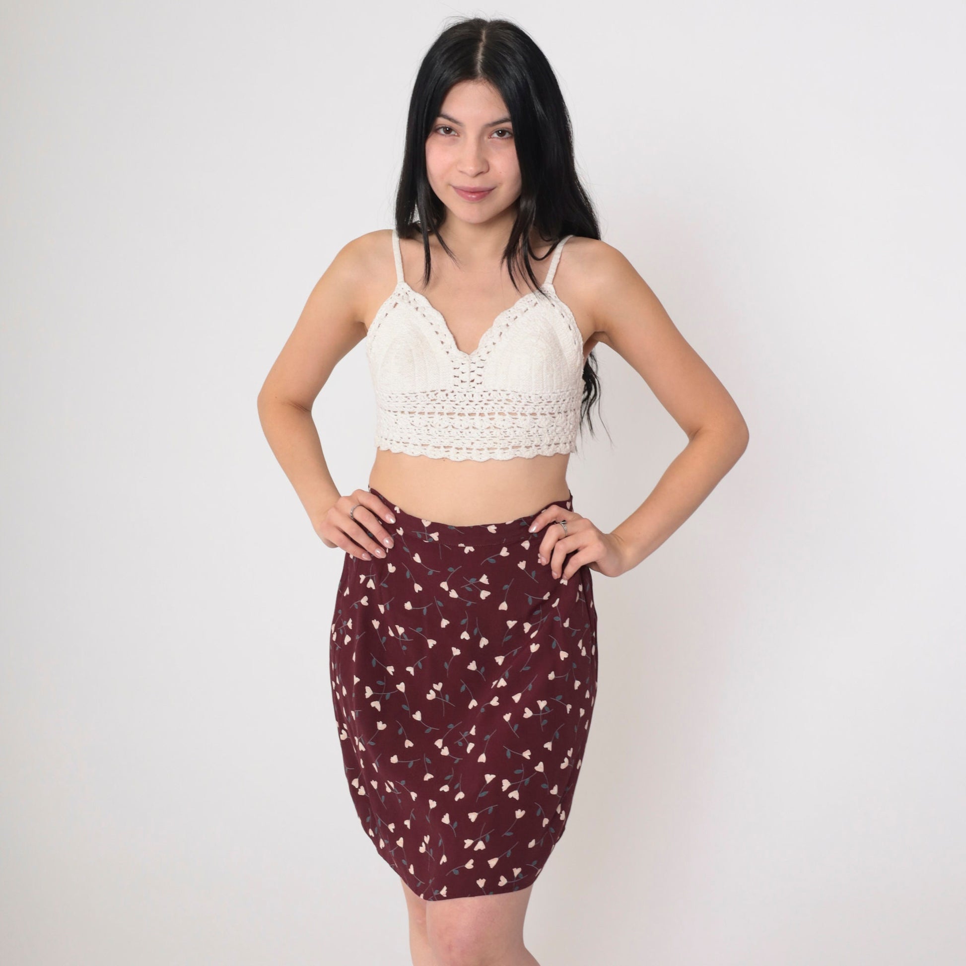 90s Brown Floral Mini Skirt High Waist Ditsy Print Straight Small S