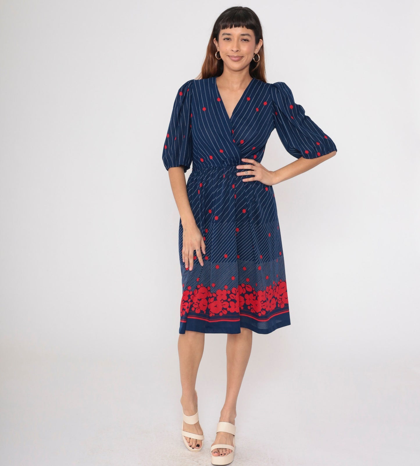70s Navy Midi Wrap Dress Puff Sleeve Floral Polka Dot Striped Small