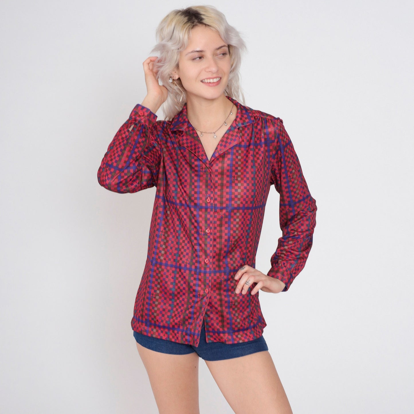 70s Checkered Button-Up Blouse Multicolor Long Sleeve Collared Shirt Medium