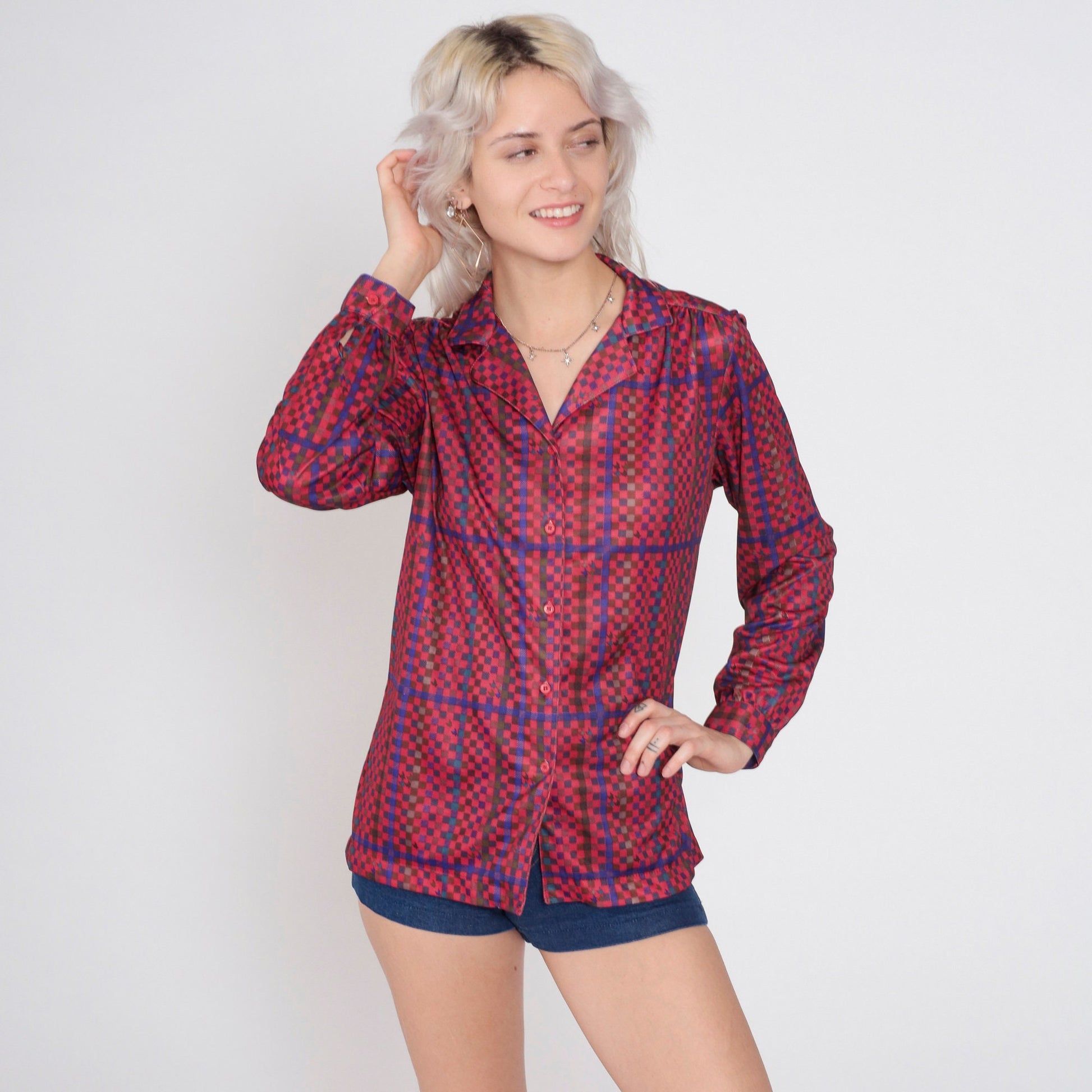 70s Checkered Button-Up Blouse Multicolor Long Sleeve Collared Shirt Medium