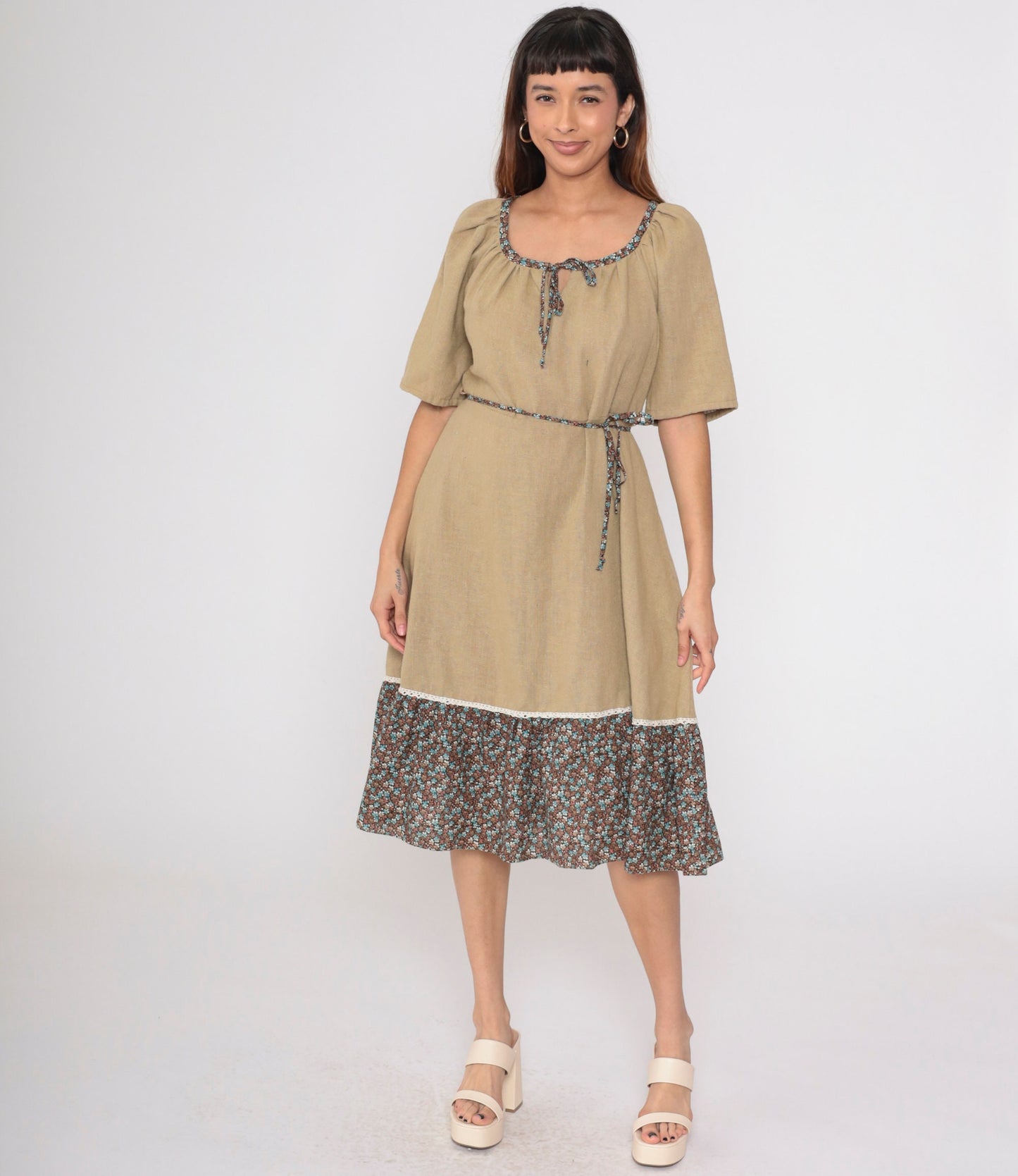 70s Floral Peasant Dress Olive Brown Midi Keyhole Bow Tie Waist Medium