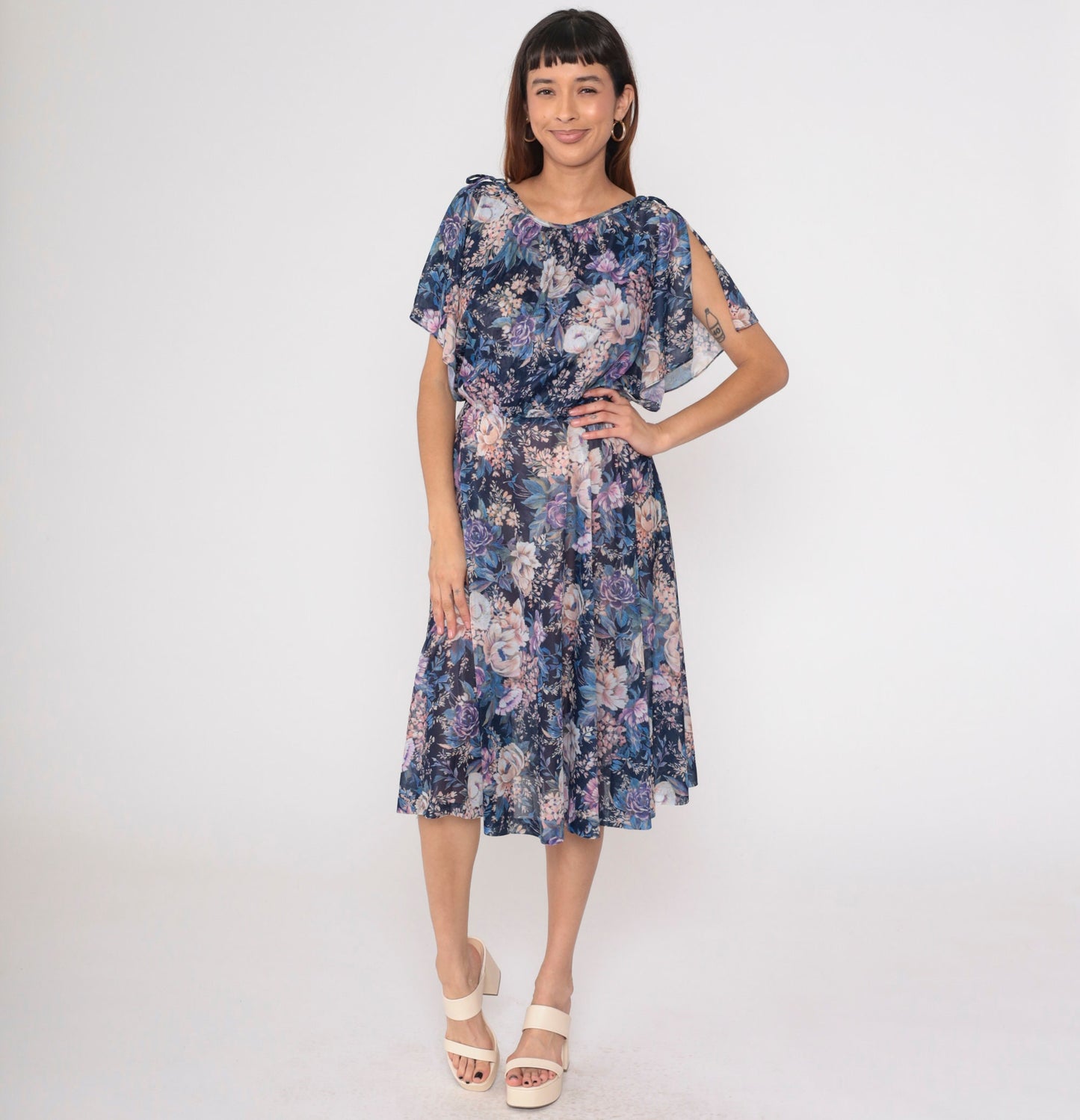 70s Navy Floral Midi Dress Split Flutter Sleeve High Waist Small Medium