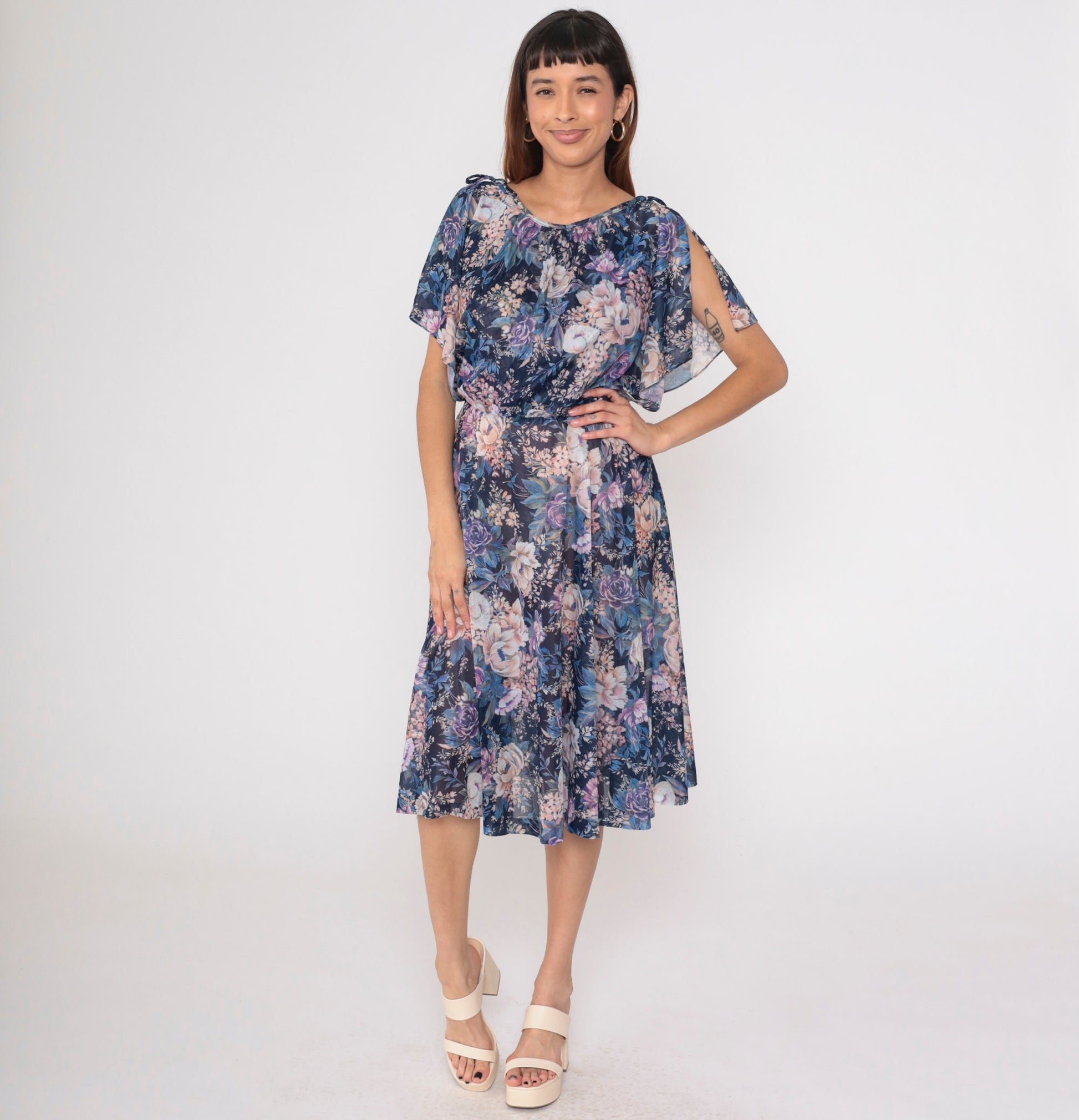70s Navy Floral Midi Dress Split Flutter Sleeve High Waist Small Medium