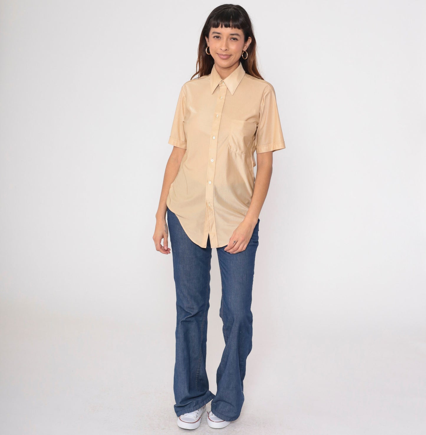 70s Tarleton Shimmery Beige Button-Up Shirt Dagger Collar Short Sleeve Men's 15