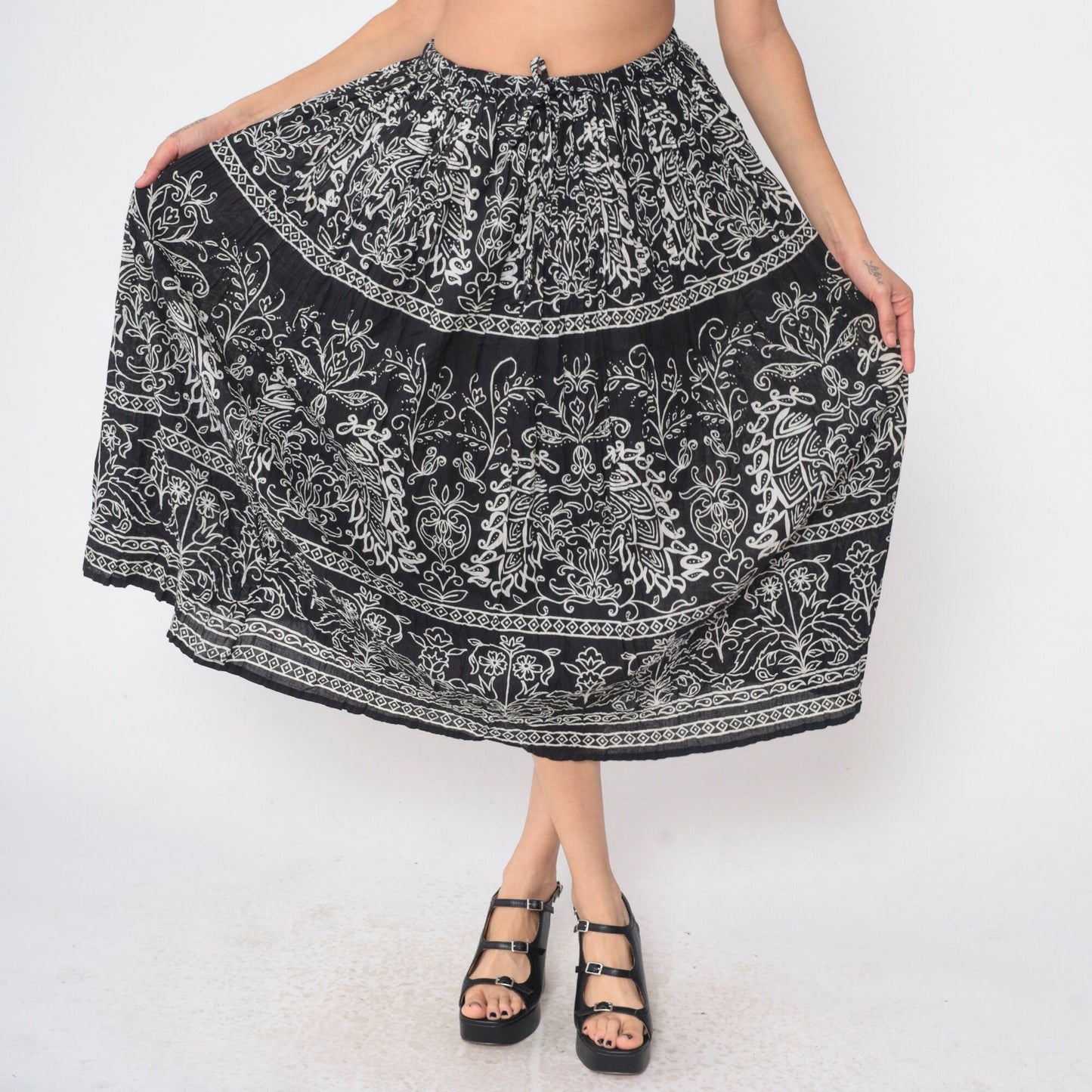 90s Jane Ashley Black Floral Midi Skirt Drawstring Waist Cotton Small