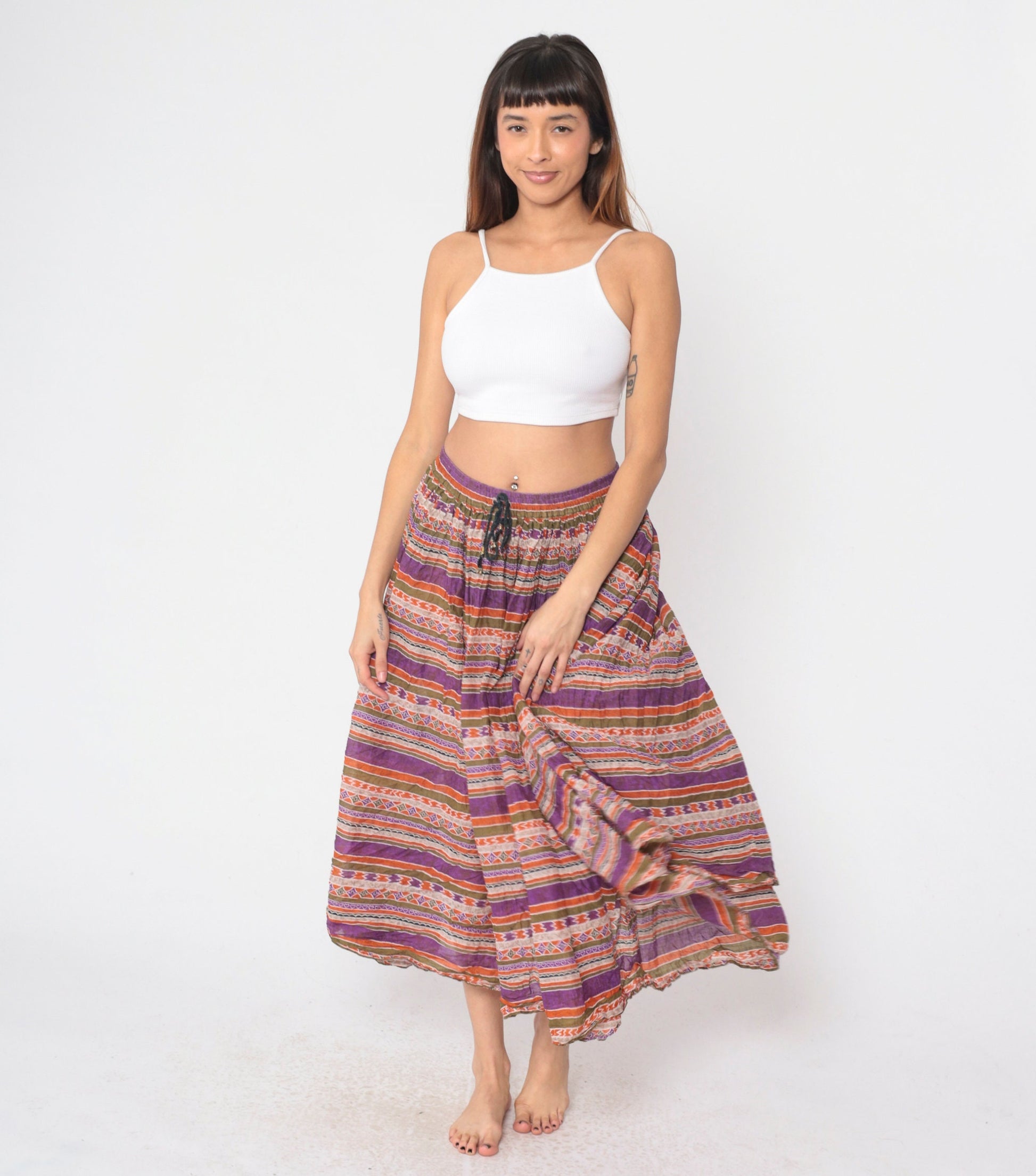 90s Capezio Geometric Striped Broomstick Midi Skirt Drawstring Purple Small