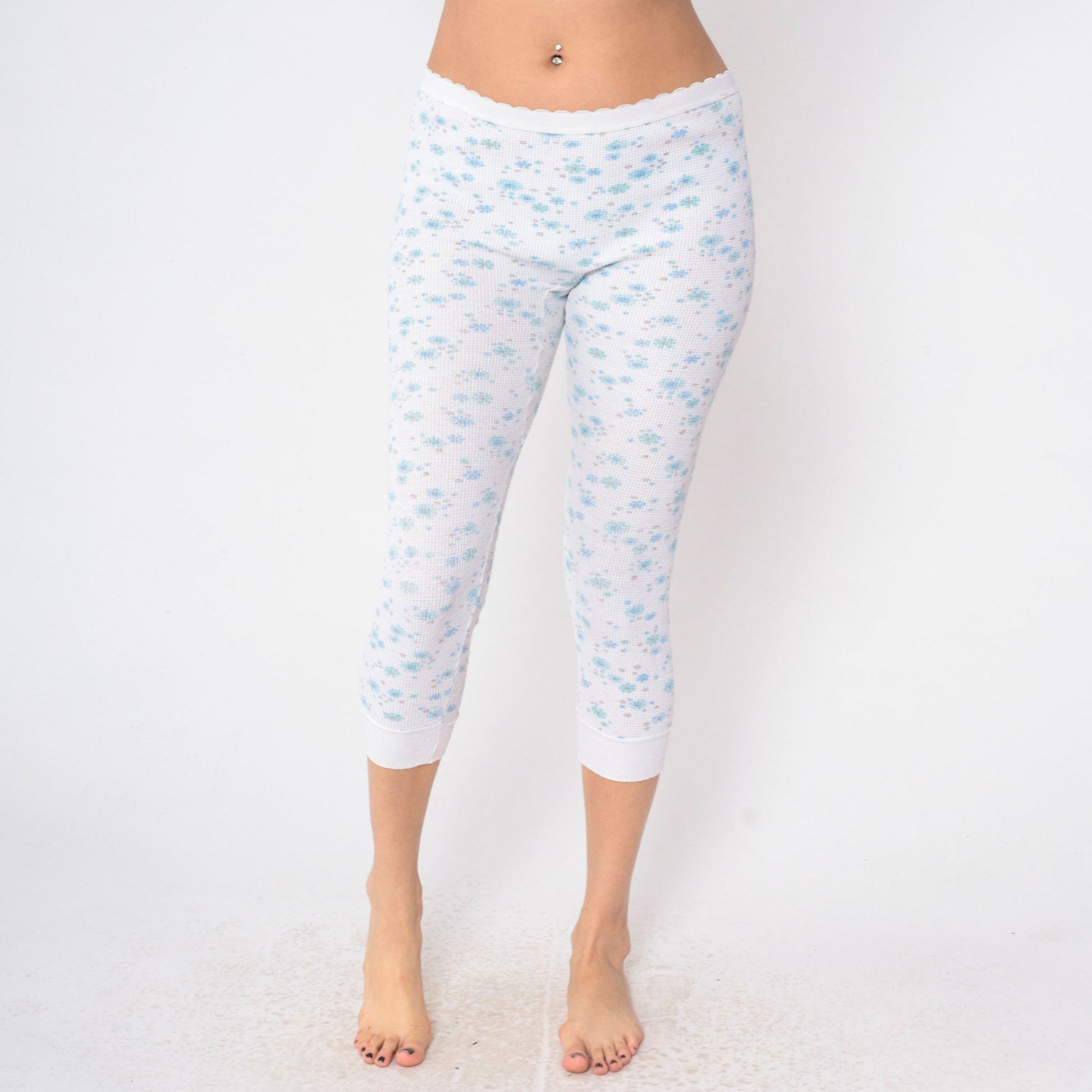 80s Floral Waffle Knit Thermal Capri Pants White Blue Print Medium