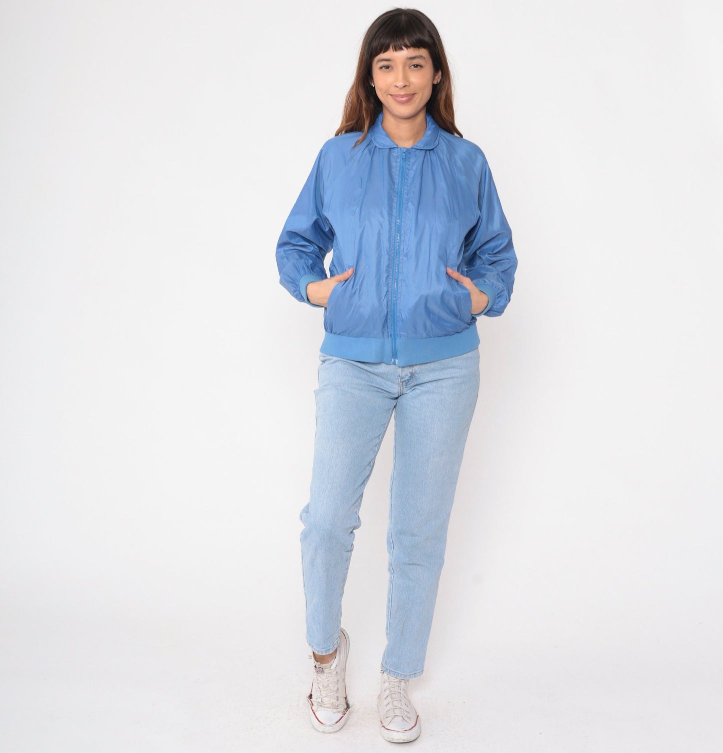 80s Blue Nylon Windbreaker Jacket Raglan Sleeve Zip-Up Medium