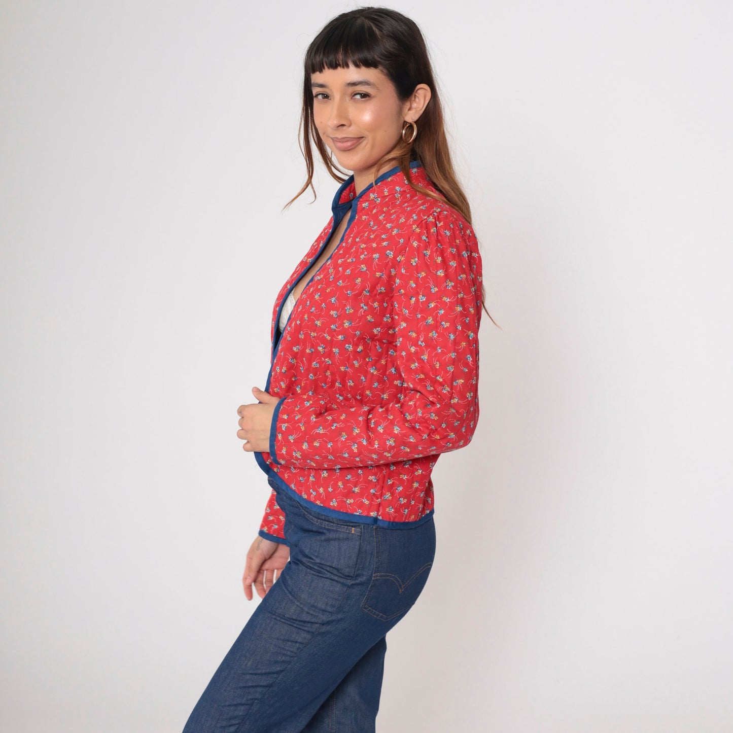 70s Fritzi Quilted Jacket Red Calico Floral Puff Sleeve Mandarin Collar Medium