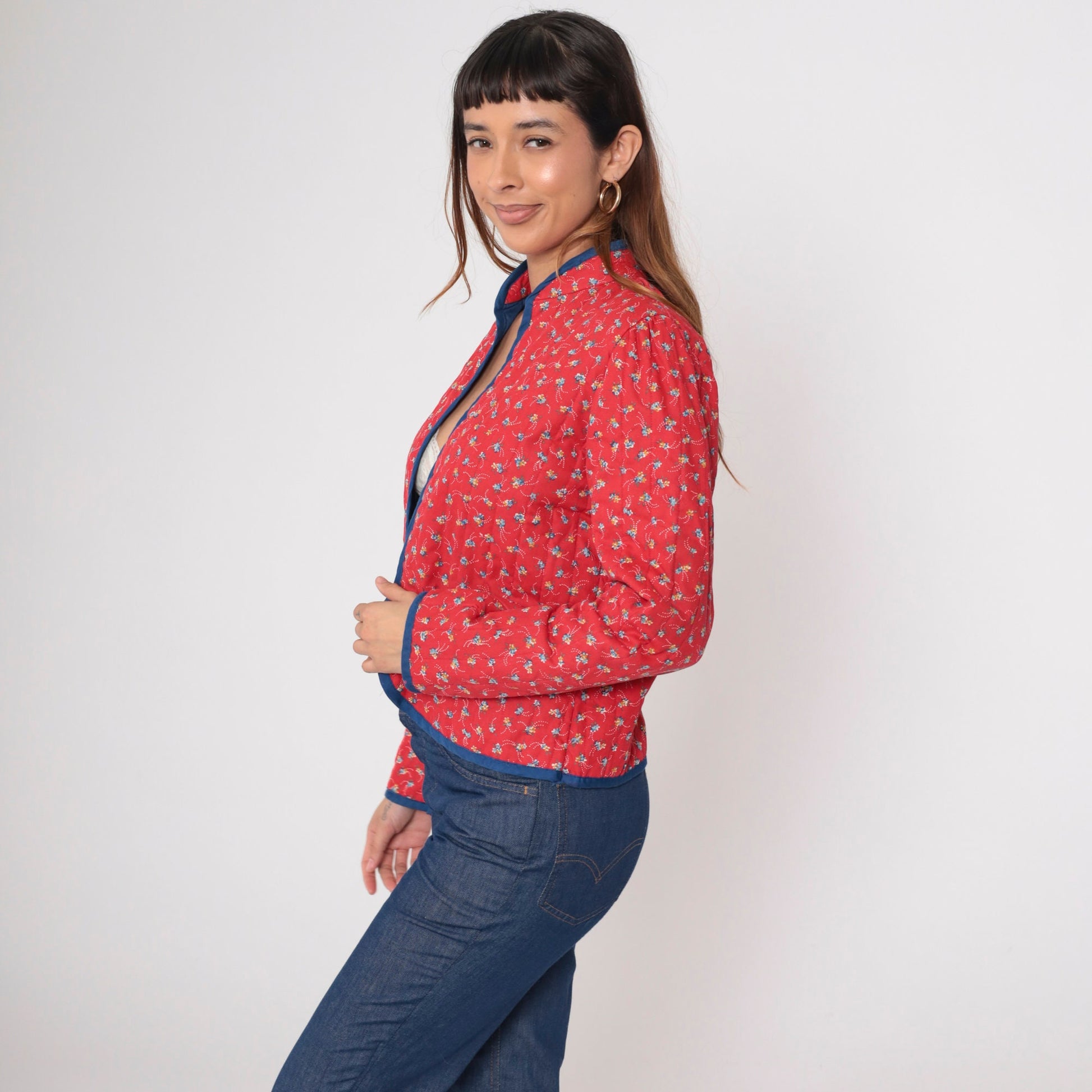 70s Fritzi Quilted Jacket Red Calico Floral Puff Sleeve Mandarin Collar Medium