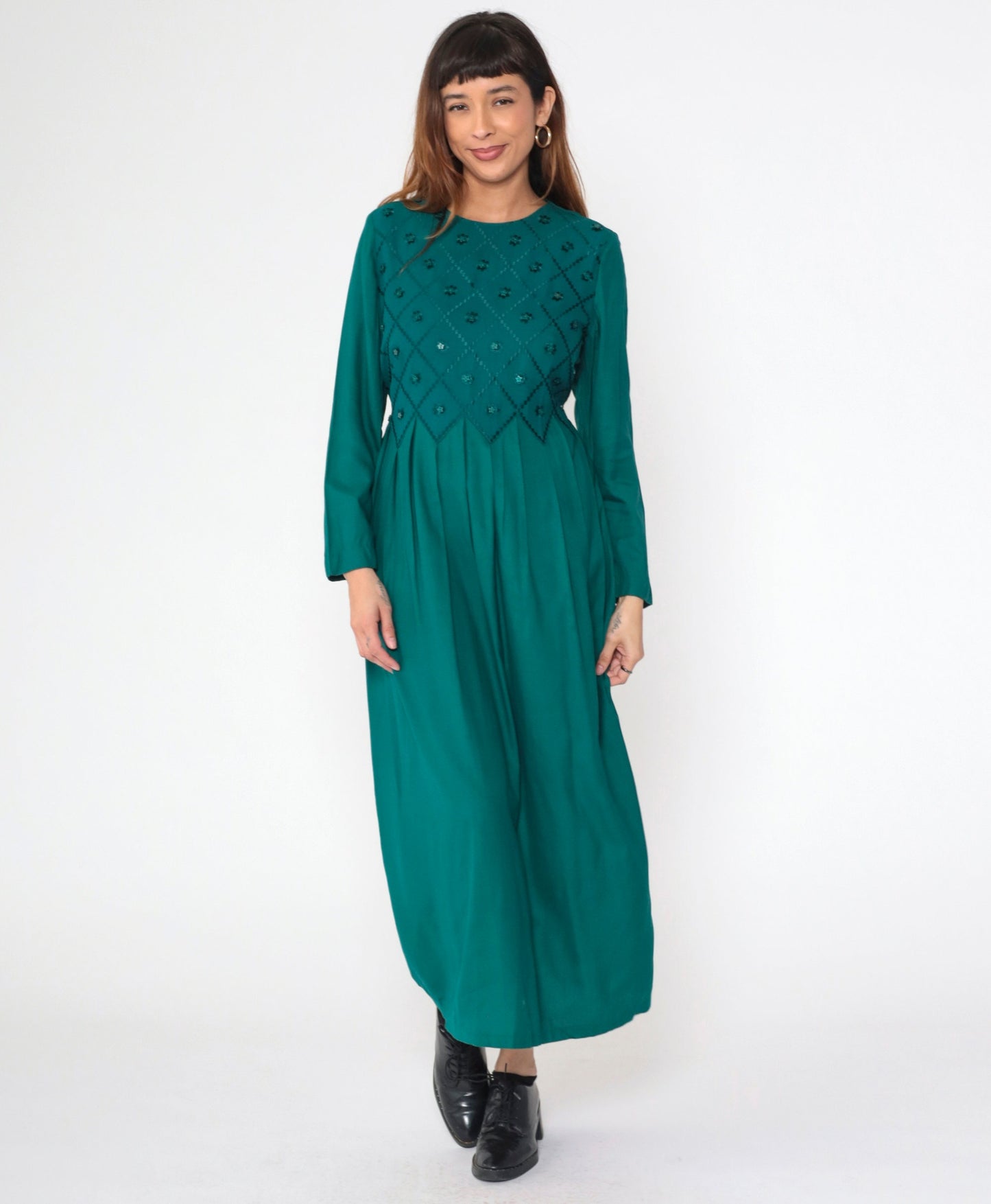 90s Green Floral Embroidered Maxi Dress Long Sleeve Star Buttons Small 6
