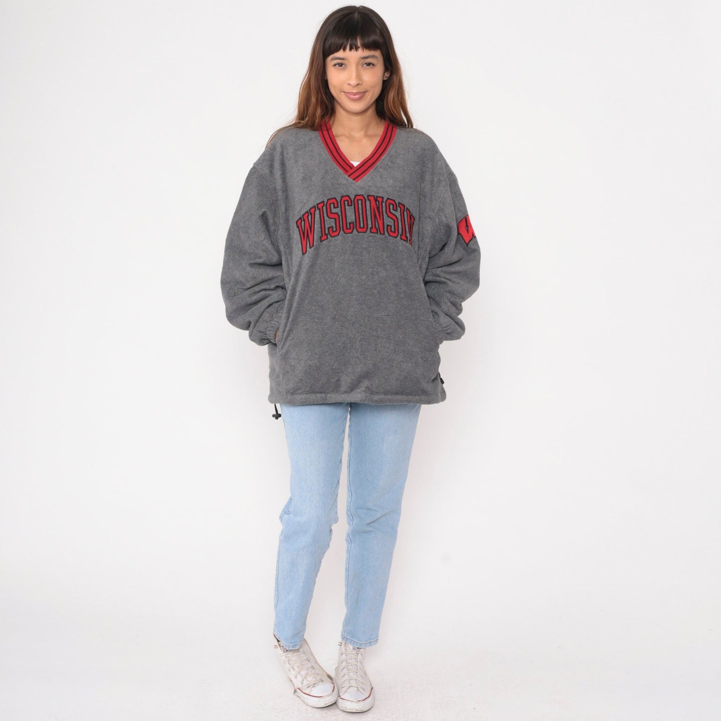 90s Wisconsin Badgers Grey Fleece Windbreaker Pullover V-Neck Medium