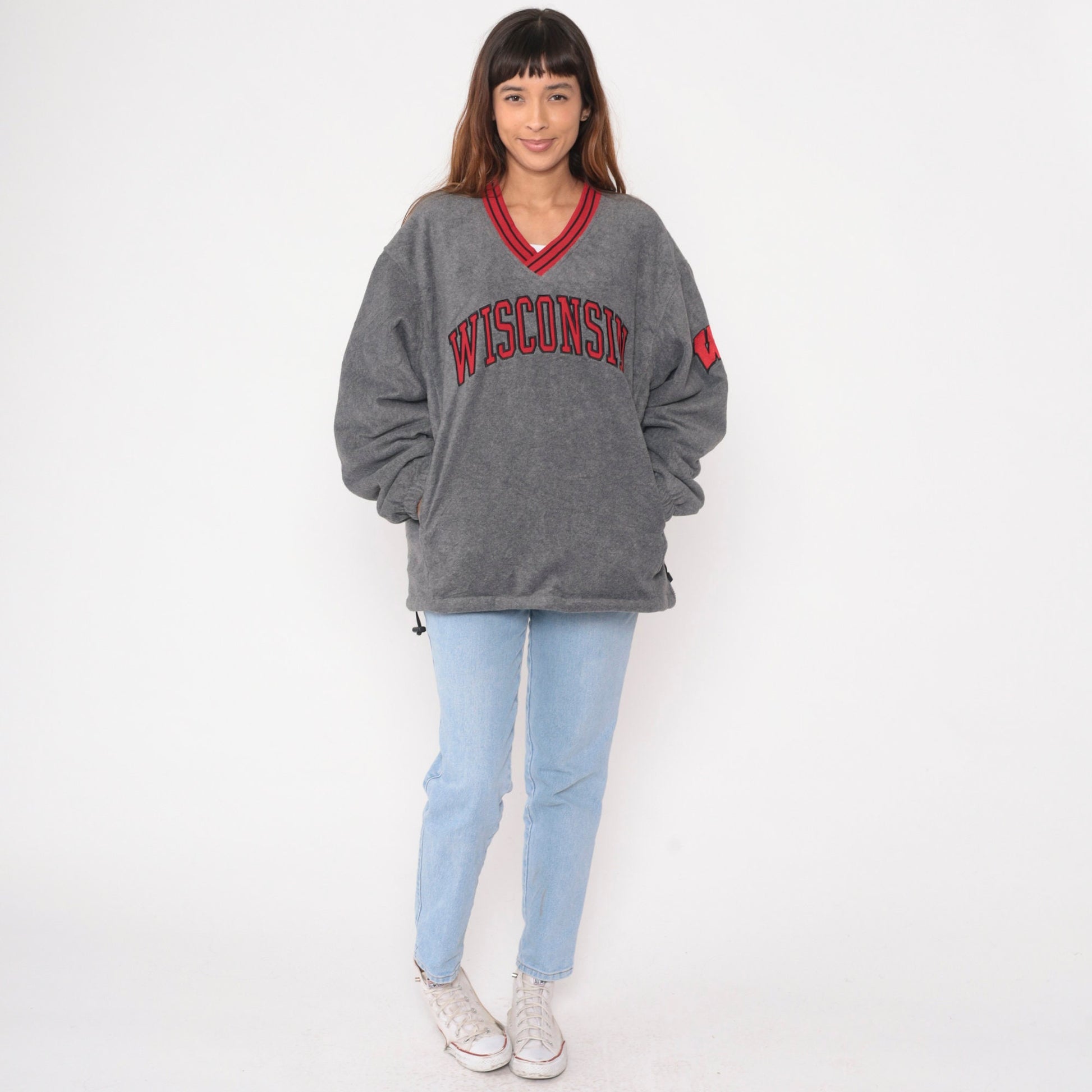 90s Wisconsin Badgers Grey Fleece Windbreaker Pullover V-Neck Medium