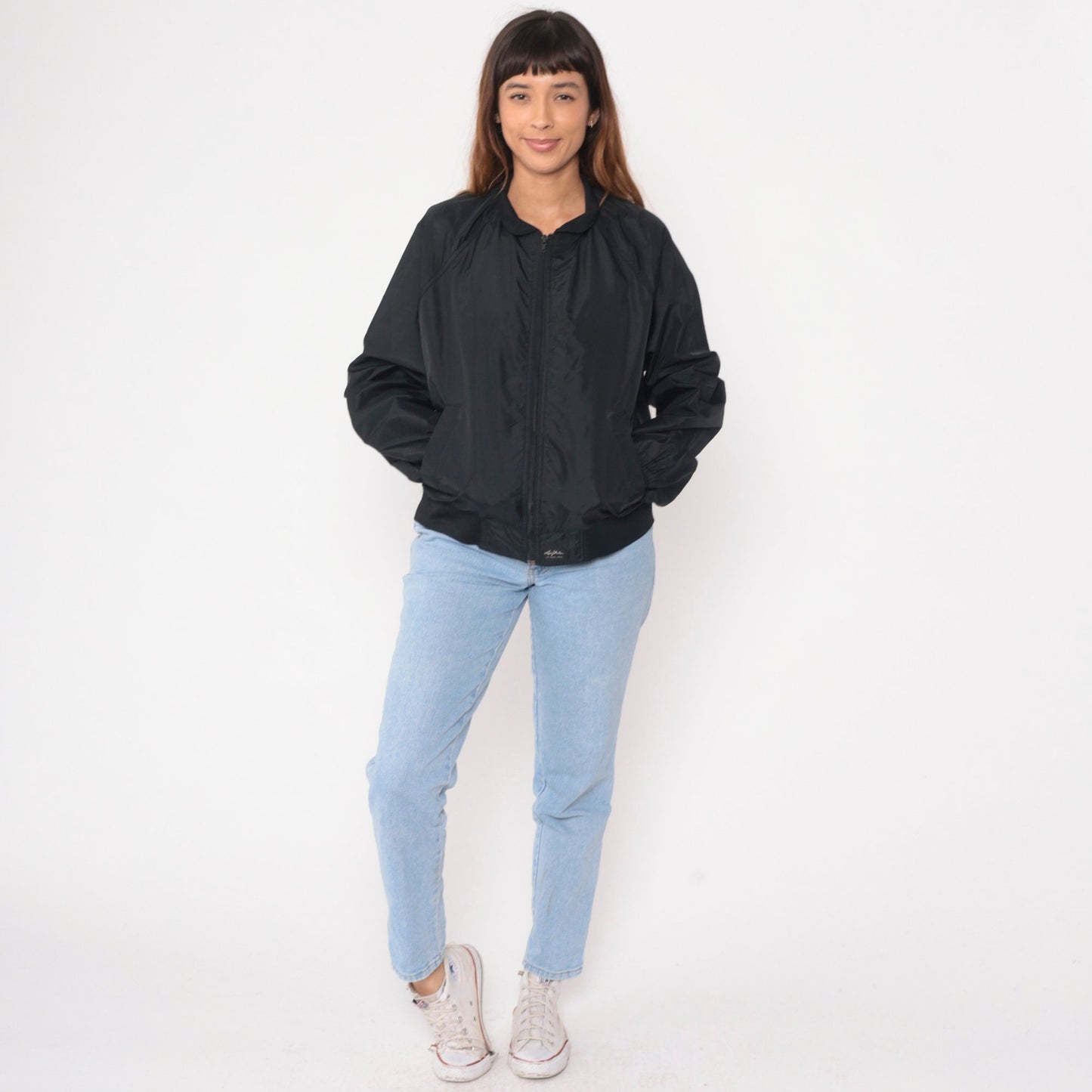80s Larry Mahan Black Windbreaker Jacket Raglan Sleeve Medium