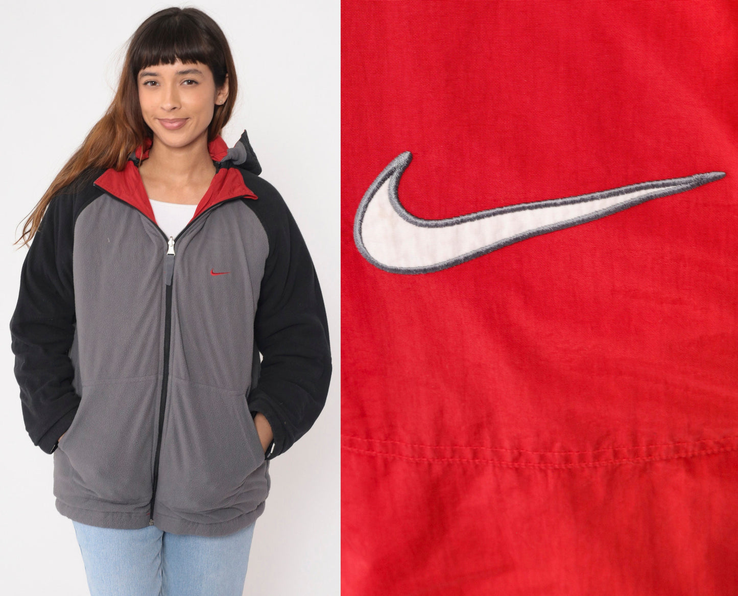 00s Nike Reversible Hooded Windbreaker Jacket Red Grey Nylon Fleece Extra Large