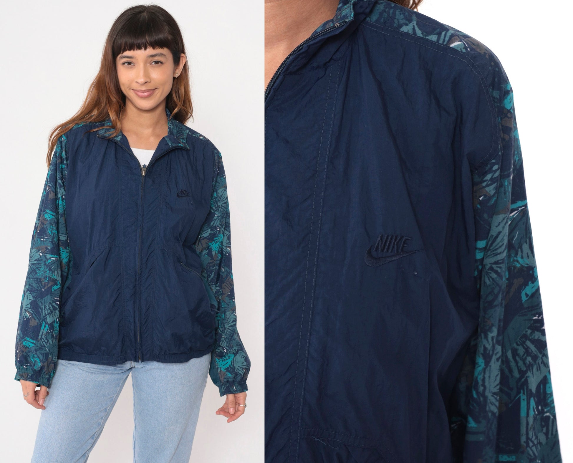 90s Nike Windbreaker Jacket Navy Abstract Print Nylon Zip Jacket Medium