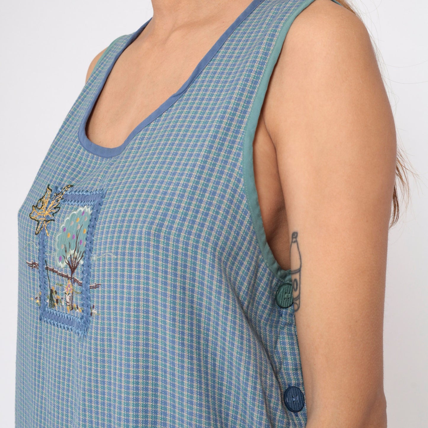 90s Blue Checkered Maxi Dress Embroidered Autumn Tree Sleeveless Pockets Large L