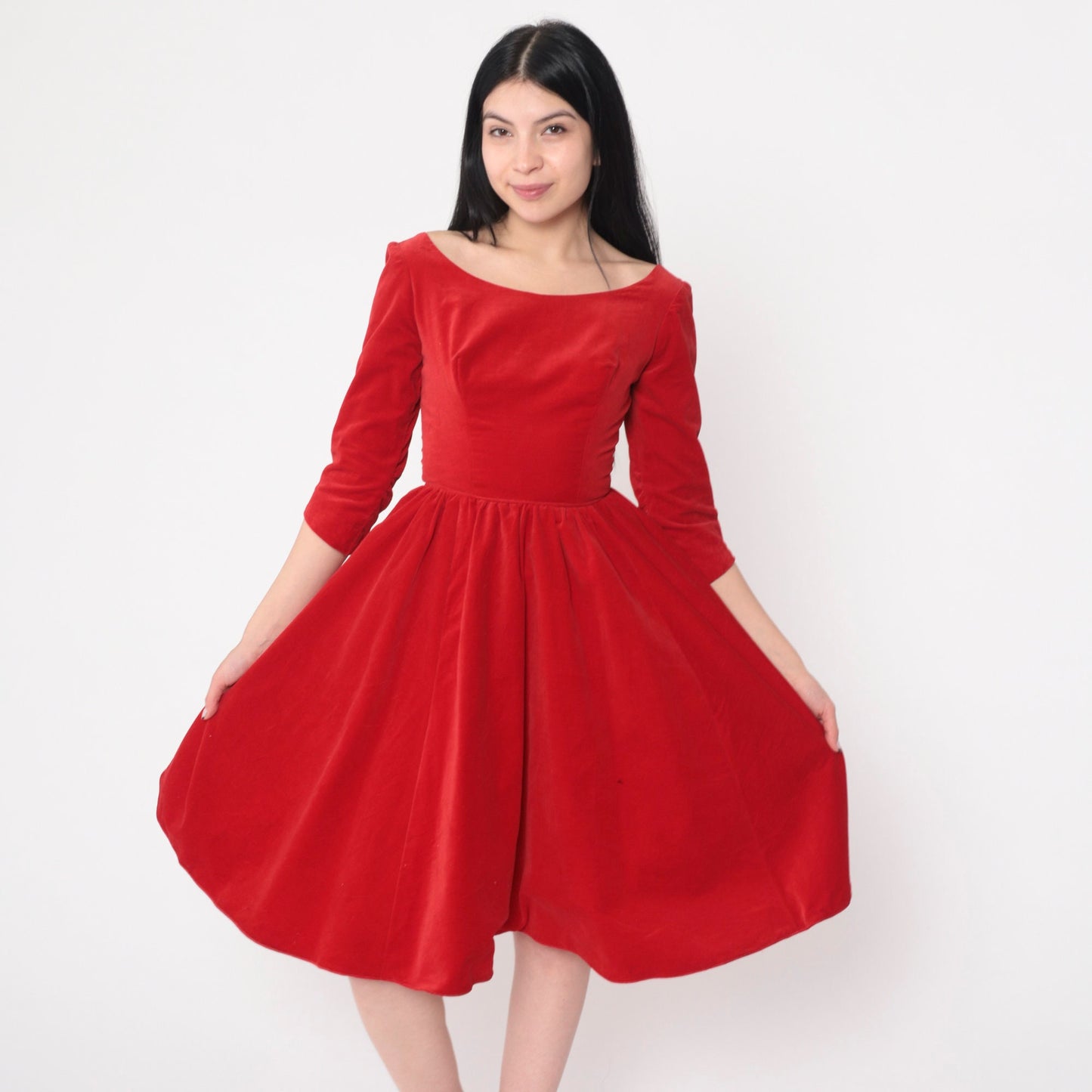 1960s Red Velvet Party Dress High Waist Fit and Flare 3/4 Sleeve Extra Small