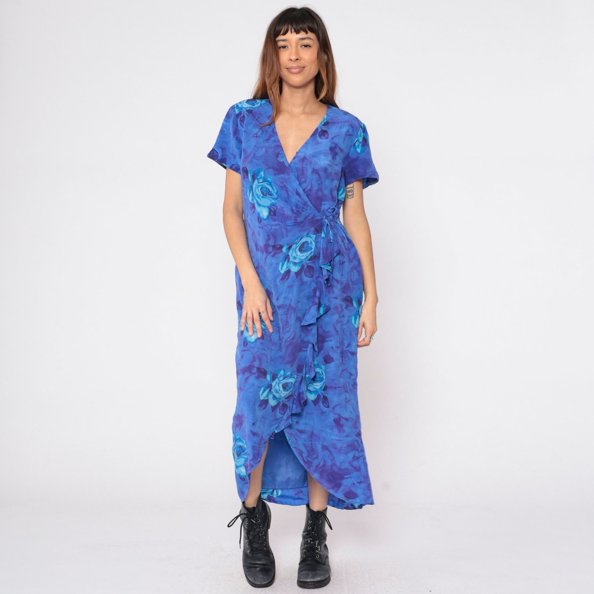 90s Y2K Blue Floral Silk Wrap Dress Waterfall Hem Rose Print Medium