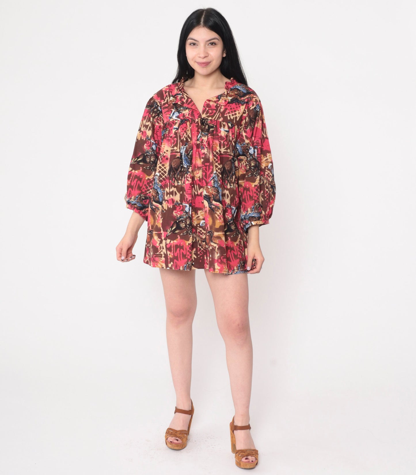 70s Rodeo Print Balloon Sleeve Blouse Red Tent Cut Slit Neckline Large L