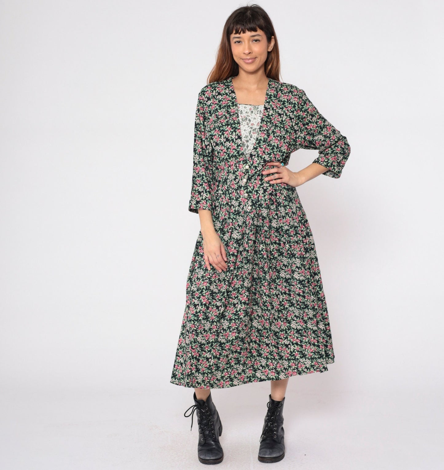 90s Maggie Lawrence Black Floral Midi Dress Basque Waist Lace V-Neck Small S