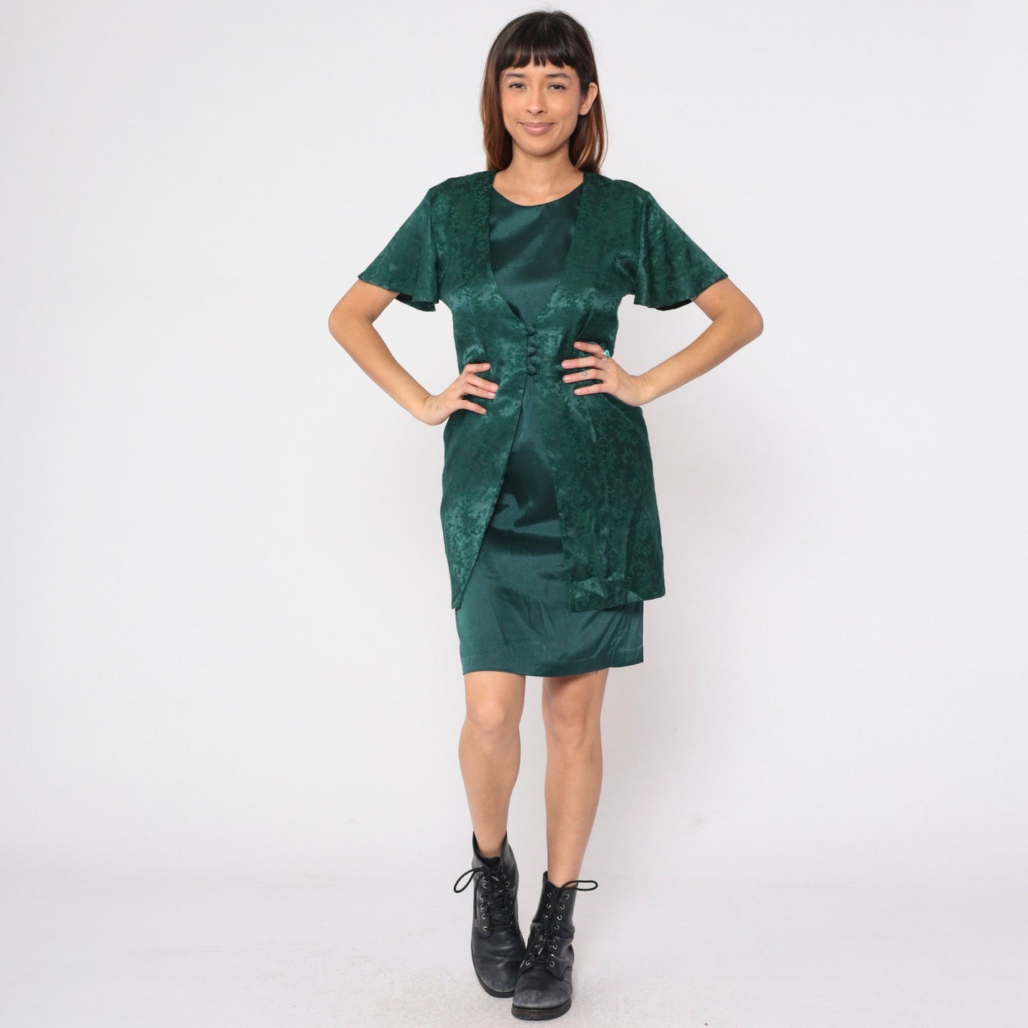 90s Olivia Rose Dark Green Floral Embossed Vest Dress Mini Pencil Medium