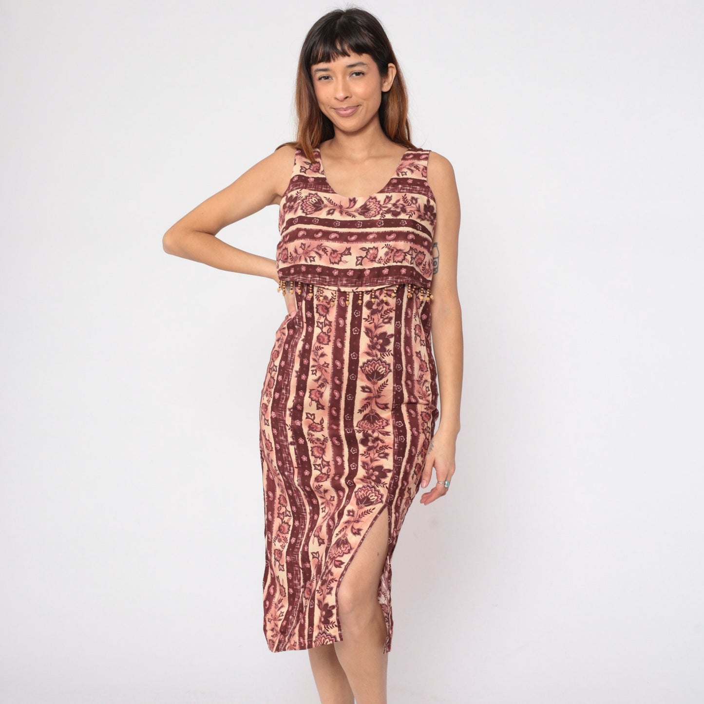 90s Floral Tie Dye Midi Sundress Empire Waist Sleeveless Striped Print Medium