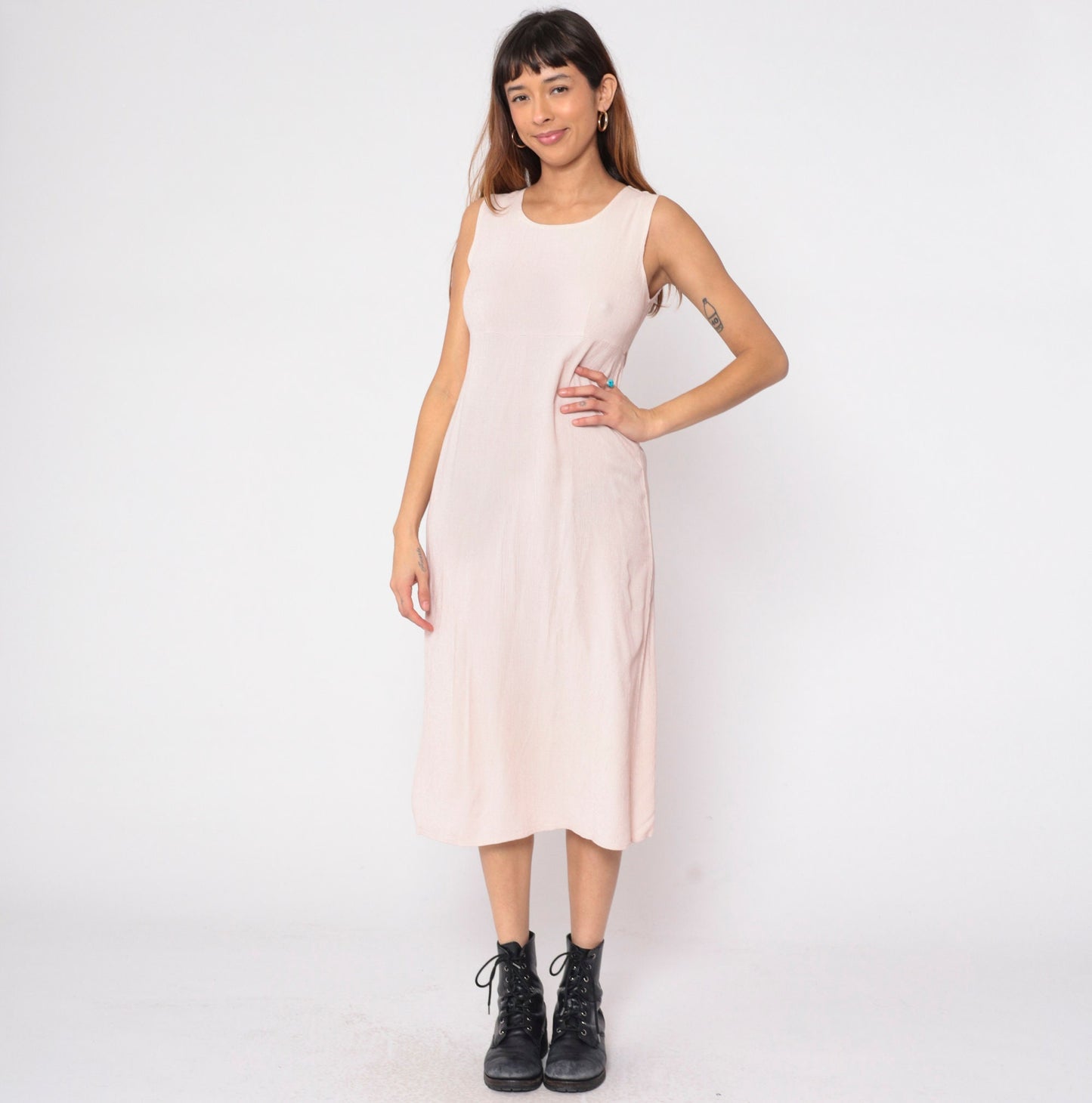 90s Cream Pink Checkered Midi Dress Empire Waist Sleeveless Small S