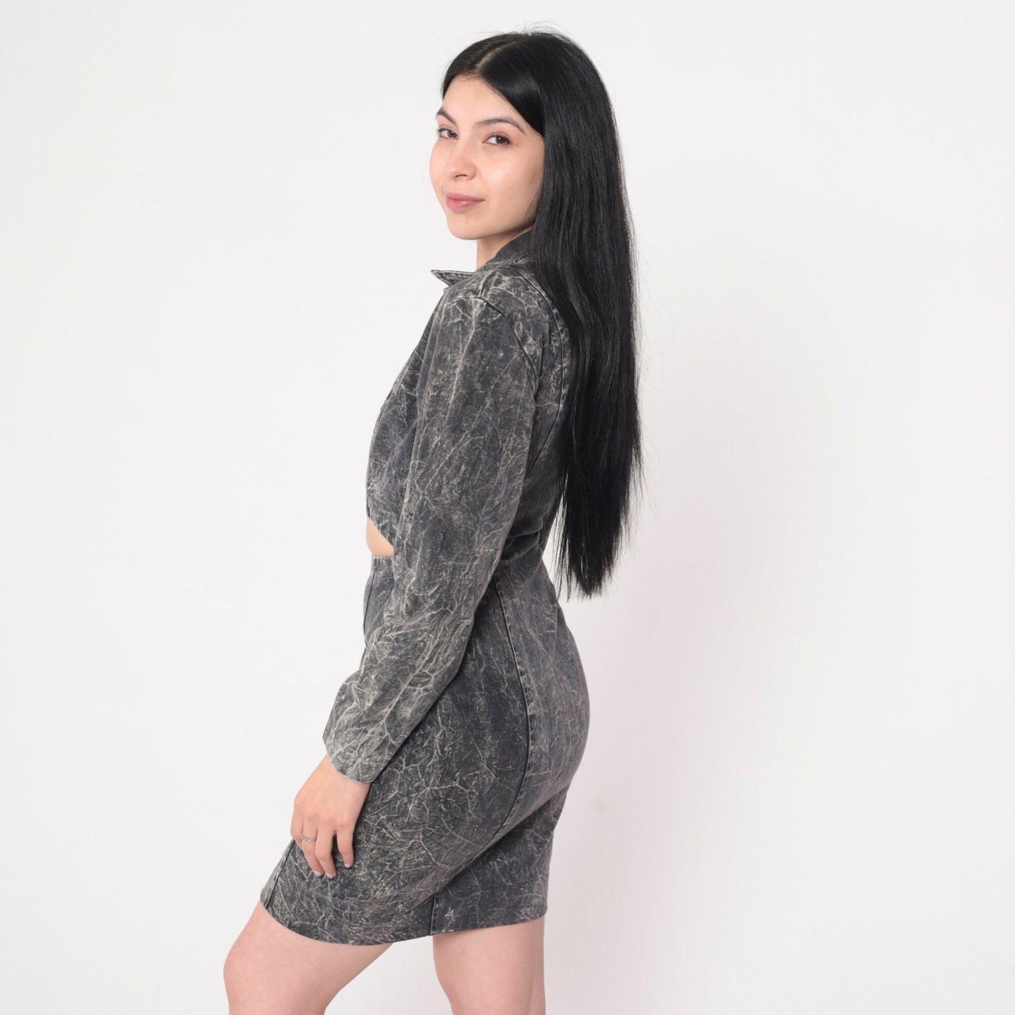 90s Rampage Acid Wash Denim Mini Dress Cutout Waist Black Extra Small