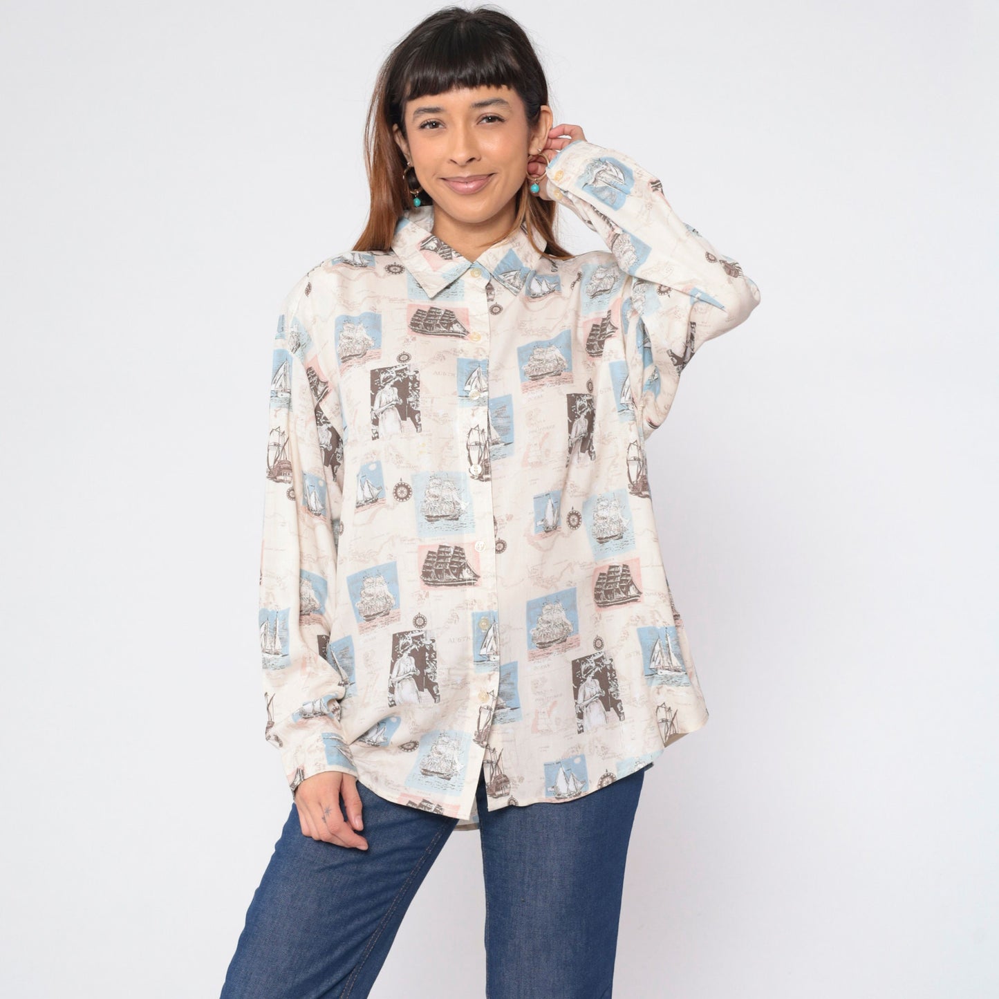 90s Bill Blass Nautical Print Button-Up Blouse Sailboat Compass Long Sleeve Large