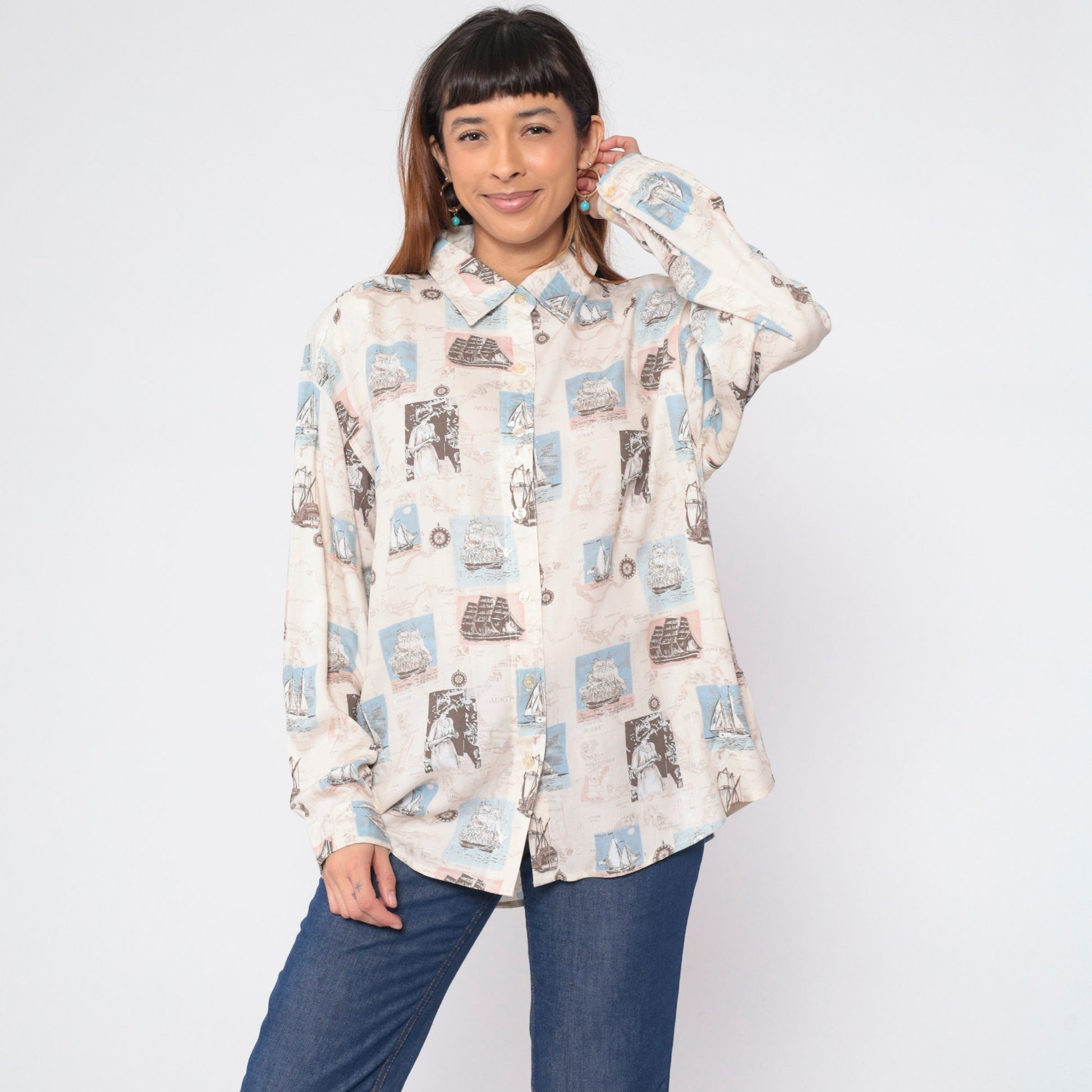 90s Bill Blass Nautical Print Button-Up Blouse Sailboat Compass Long Sleeve Large
