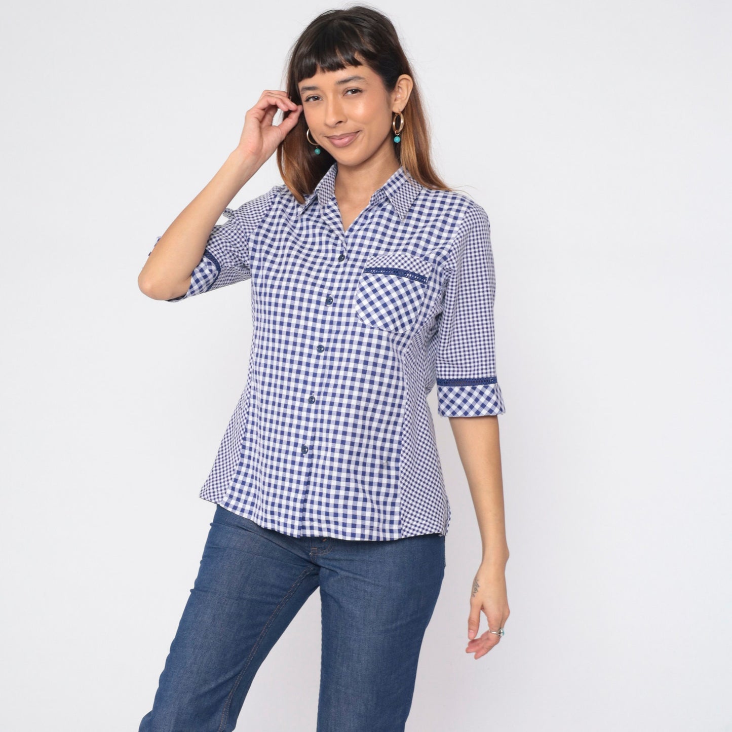 90s Blue White Gingham Button-Up Blouse Half Sleeve Collared Shirt Medium