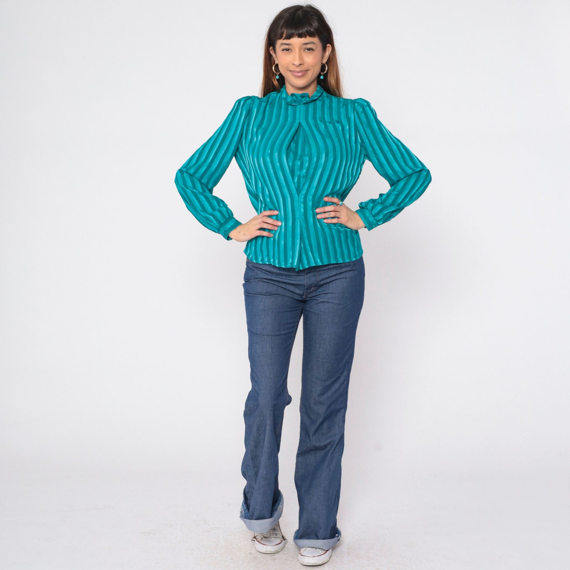 90s Lillian Lawrence Striped Blouse Teal Puff Sleeve Mock Neck Medium M