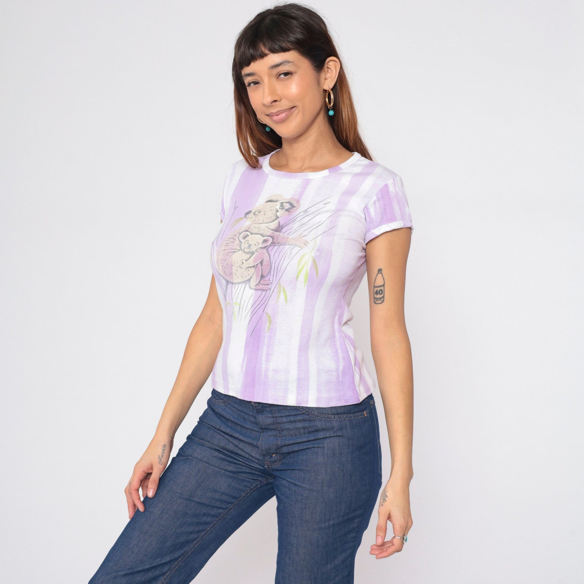 80s Koala Mama Baby Graphic T-Shirt Purple White Striped Cap Sleeve Small Medium