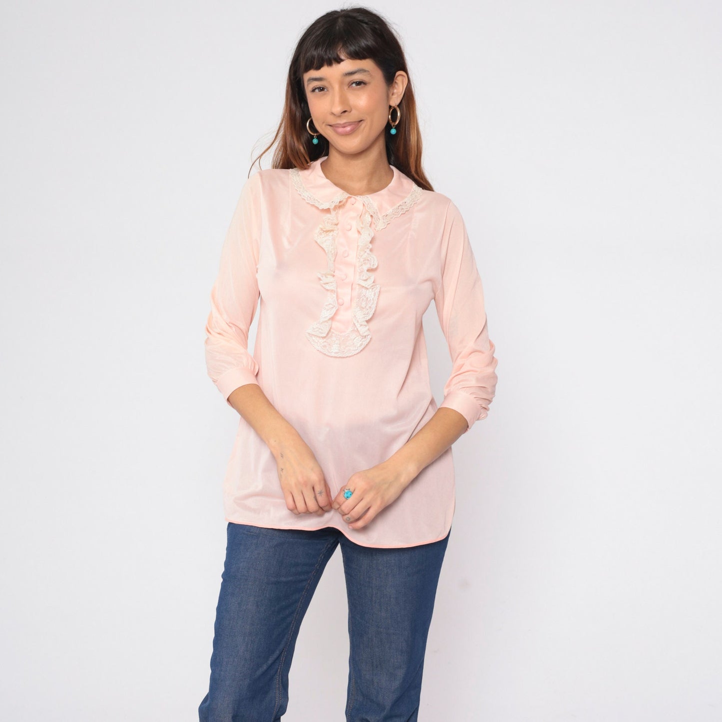 70s Baby Pink Ruffle Blouse Lace Jabot Collar 3/4 Sleeve Longline Small S