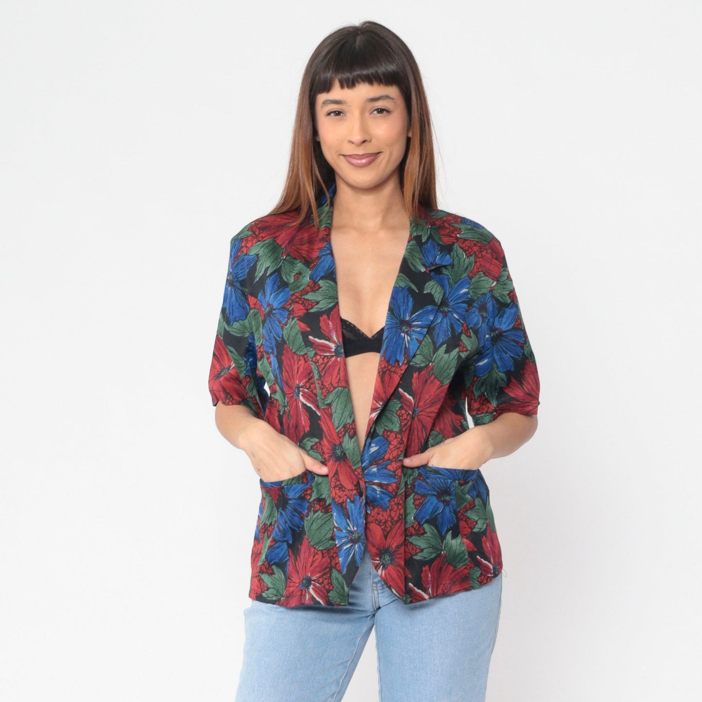 90s Floral Print Button-Up Blouse Deep V-Neck Short Sleeve Medium