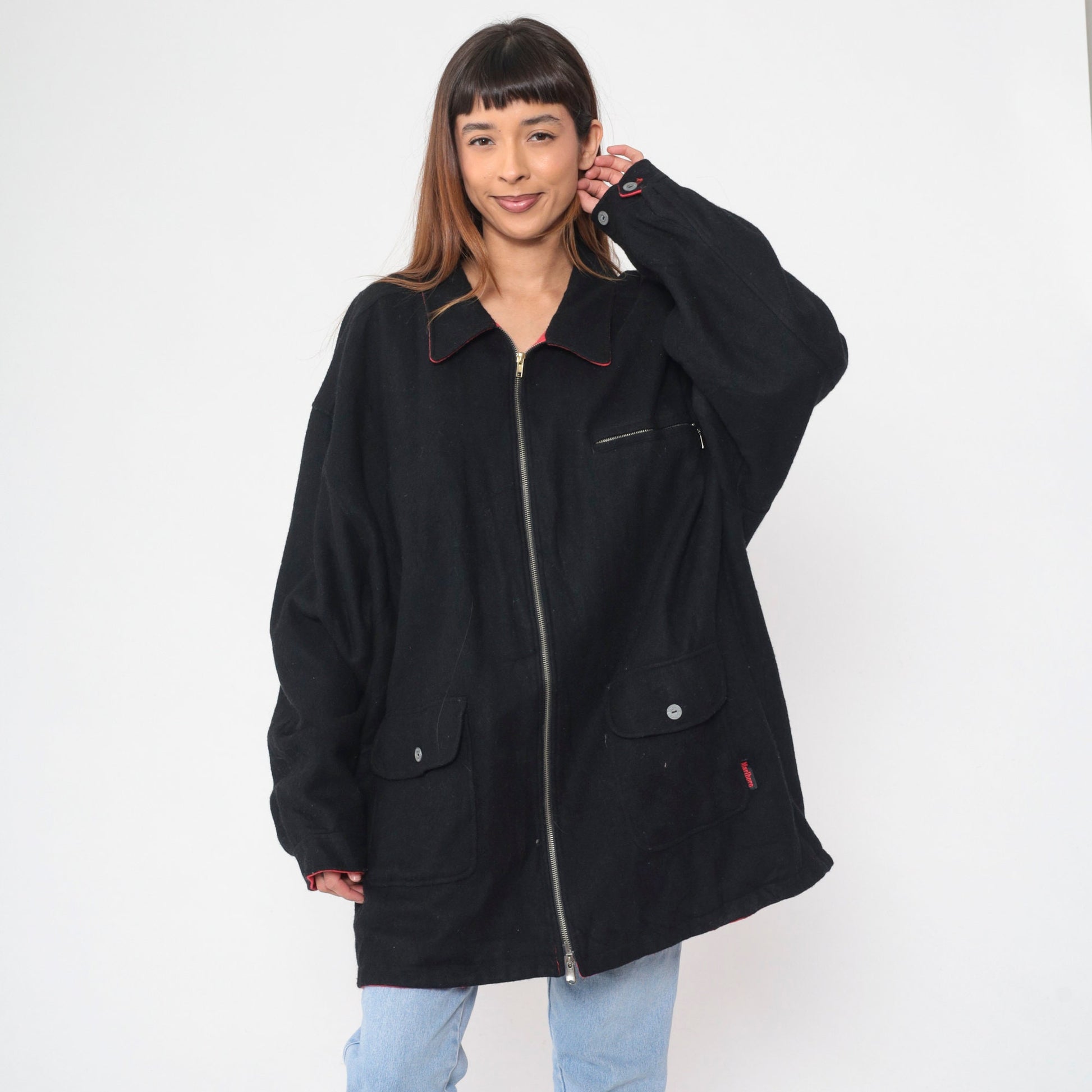 90s Marlboro Reversible Windbreaker Jacket Black Red Wool XXL