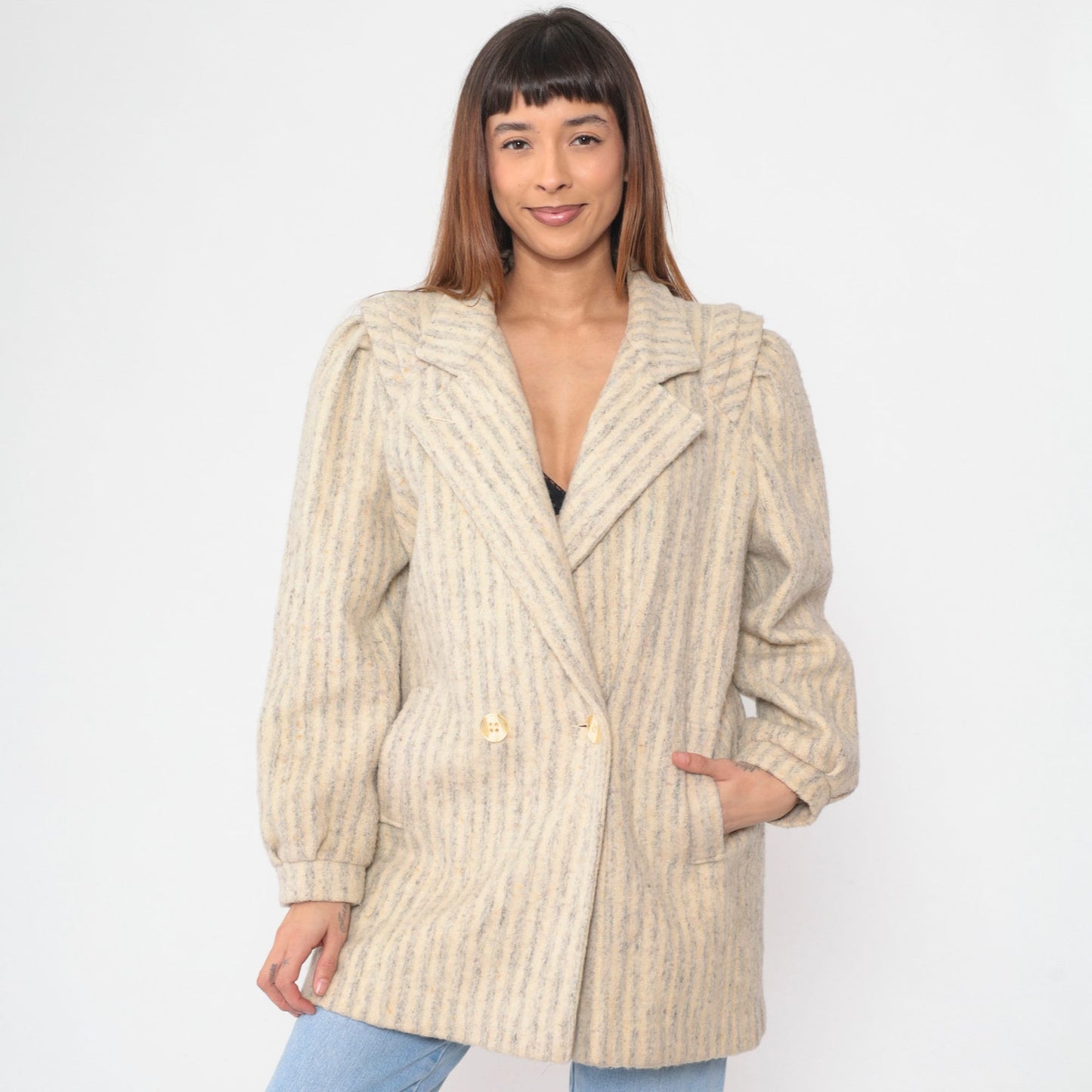 80s Striped Wool Blend Blazer Grey Cream Double Breasted Tailored Medium M