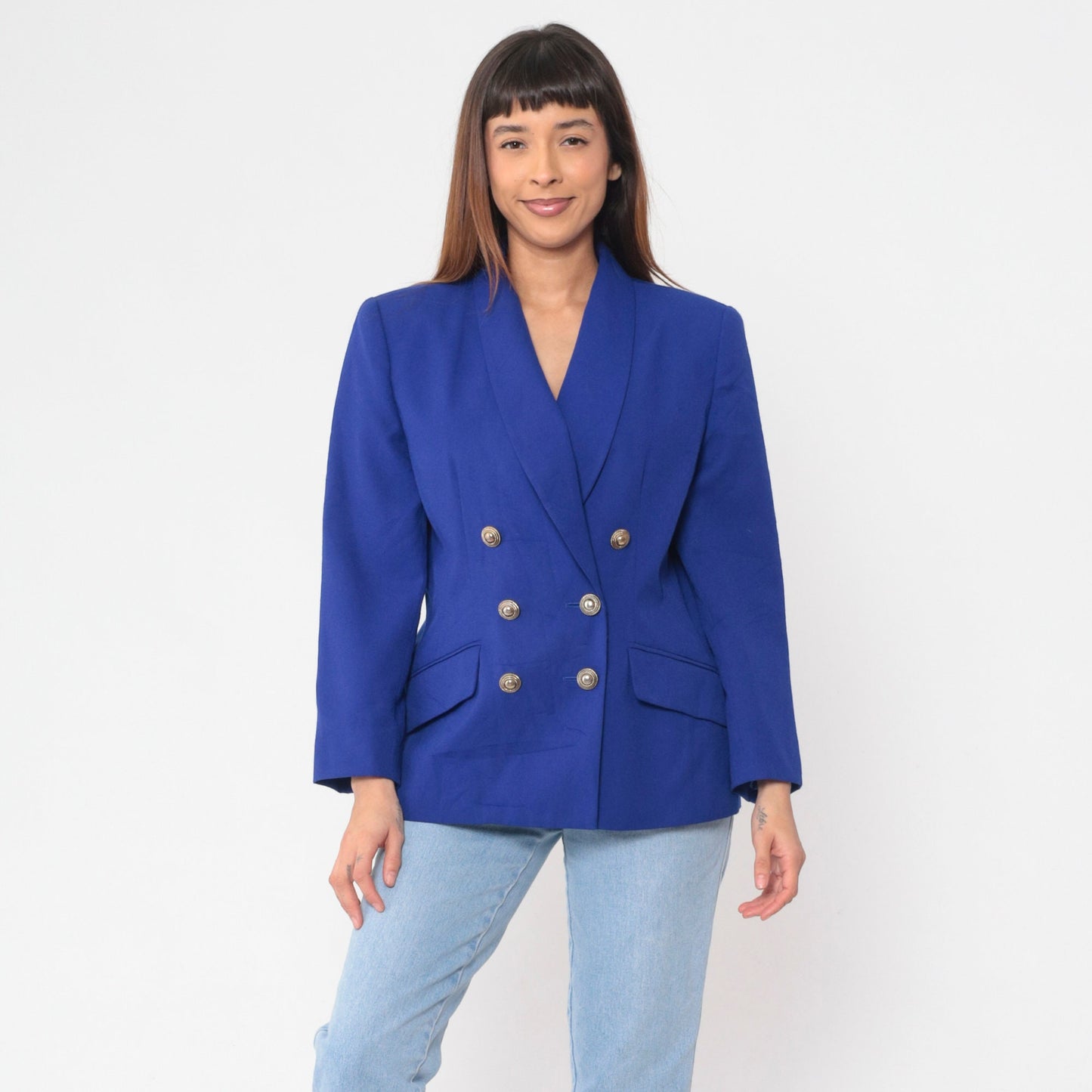 00s Royal Blue Double Breasted Blazer V Neck Tailored Jacket Large 14