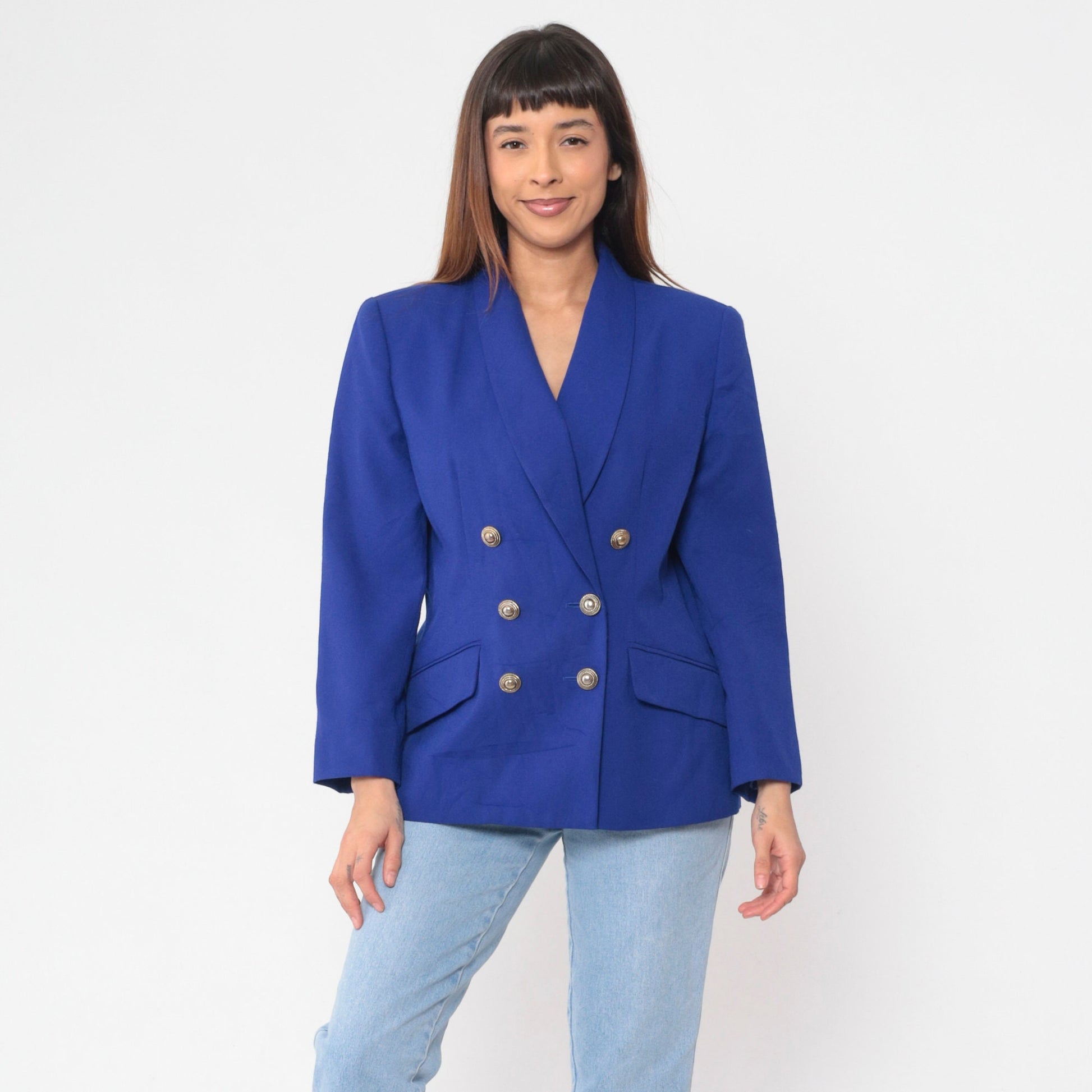00s Royal Blue Double Breasted Blazer V Neck Tailored Jacket Large 14