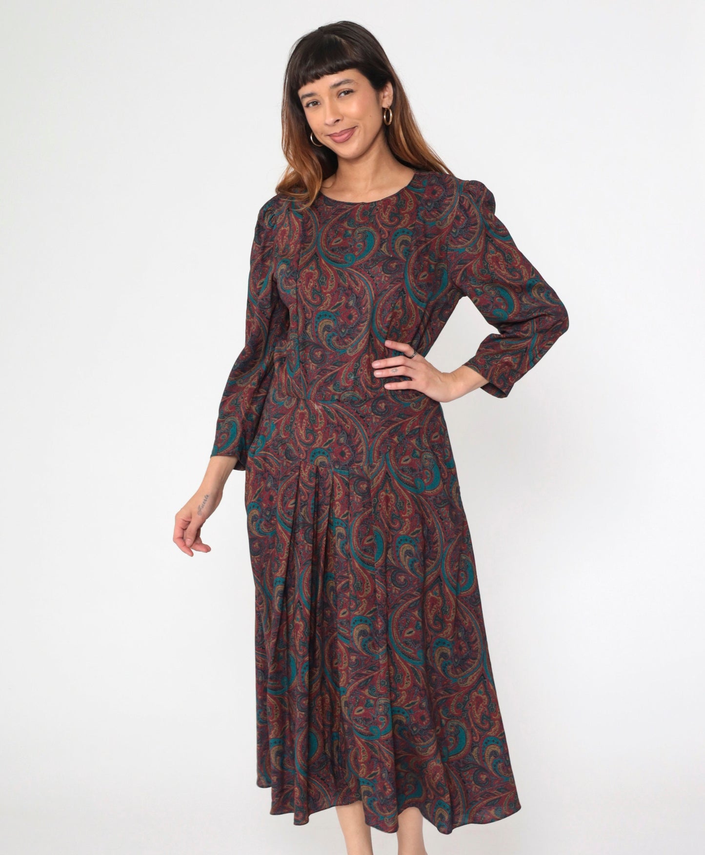 80s Paisley Midi Dress Puff Sleeve Drop Waist Pleated Pockets Medium