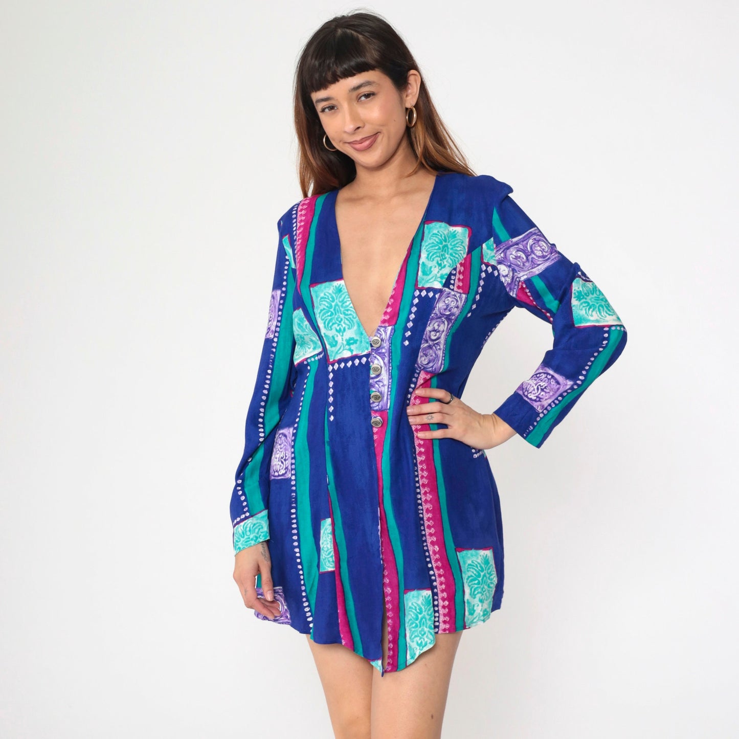 90s Anthony Mark Hankins Floral Striped Button-Up Blouse Deep V Neck Blue Medium