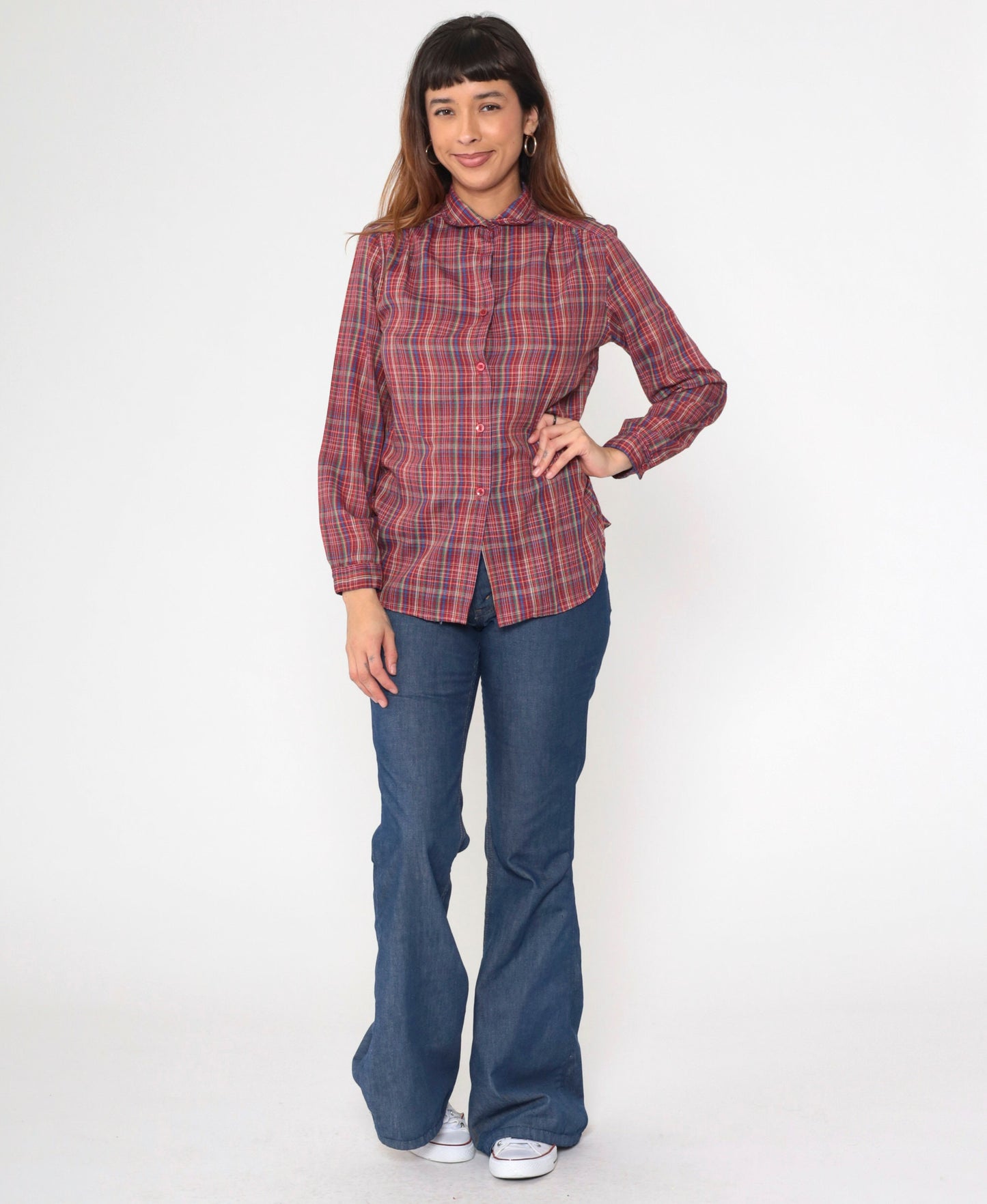70s Plaid Button-Up Shirt Multicolored Tartan Collared Long Sleeve Small S