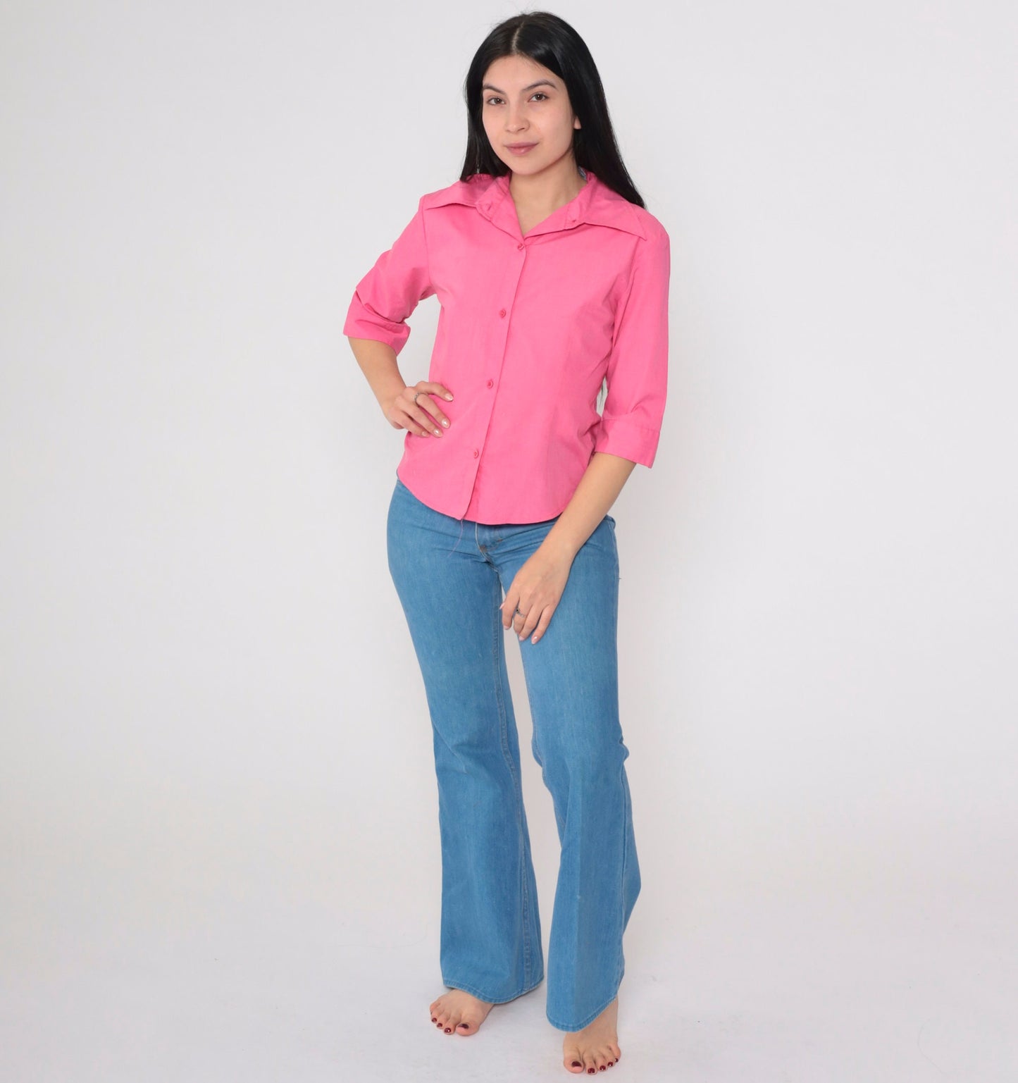 70s Bright Pink Wing Collar Button-Up Blouse 3/4 Sleeve Small