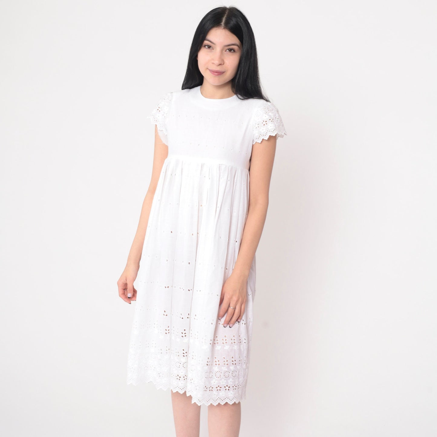 70s White Eyelet Lace Mini Dress Empire Waist Puff Sleeve XXS